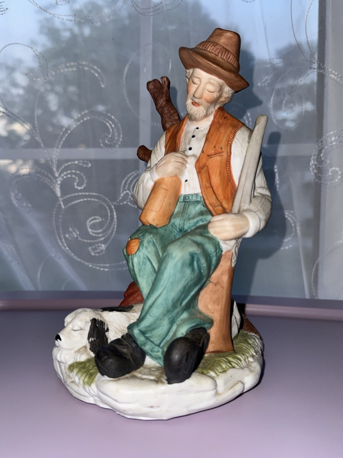 Rare Vintage Capodimonte Porcelain Figurine Old Drunk Sleeping Man w/ Gun & Dog
