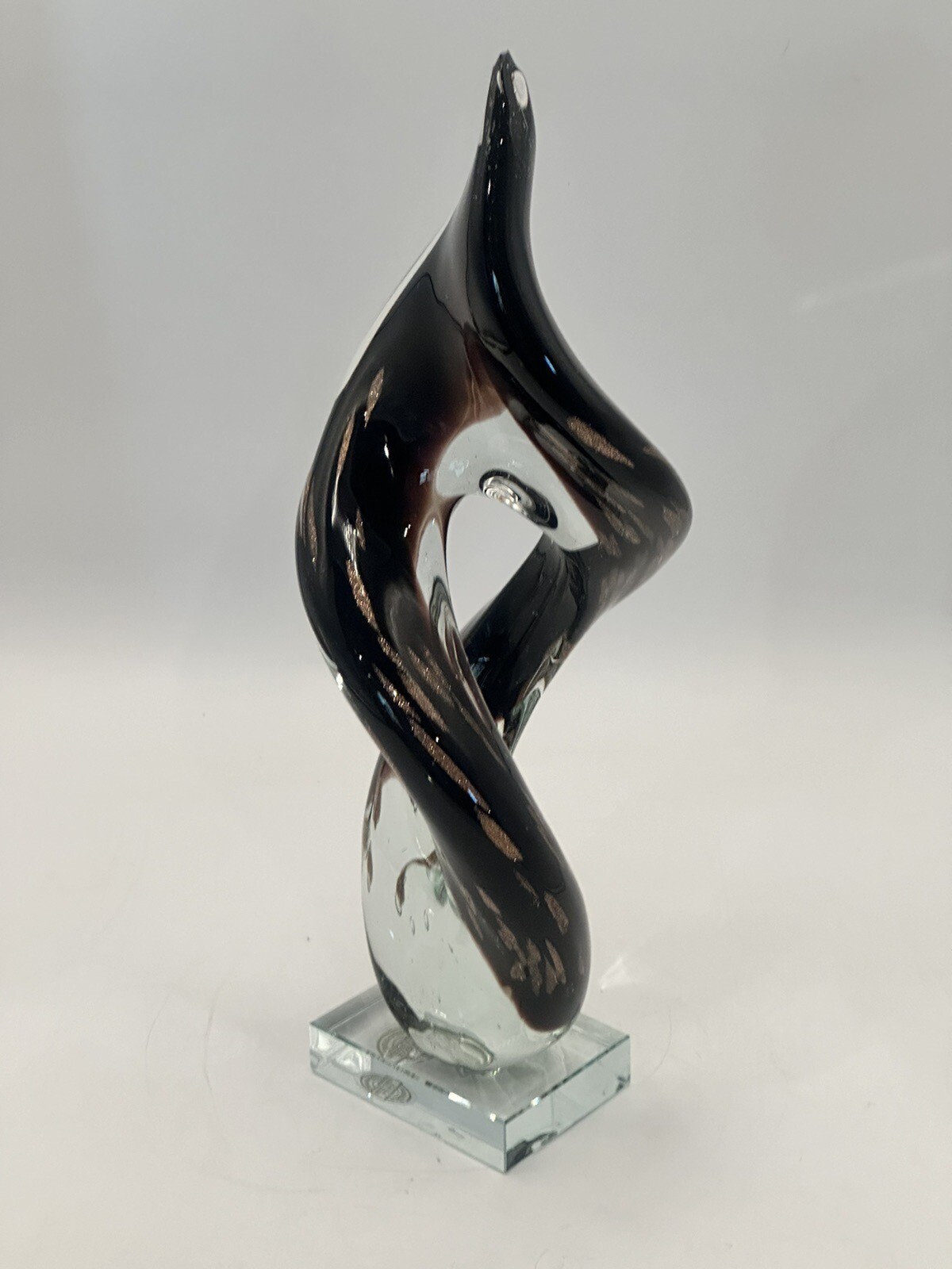 Burgundy Cased Glass Art Sculpture On Glass Base With Wooden Platform