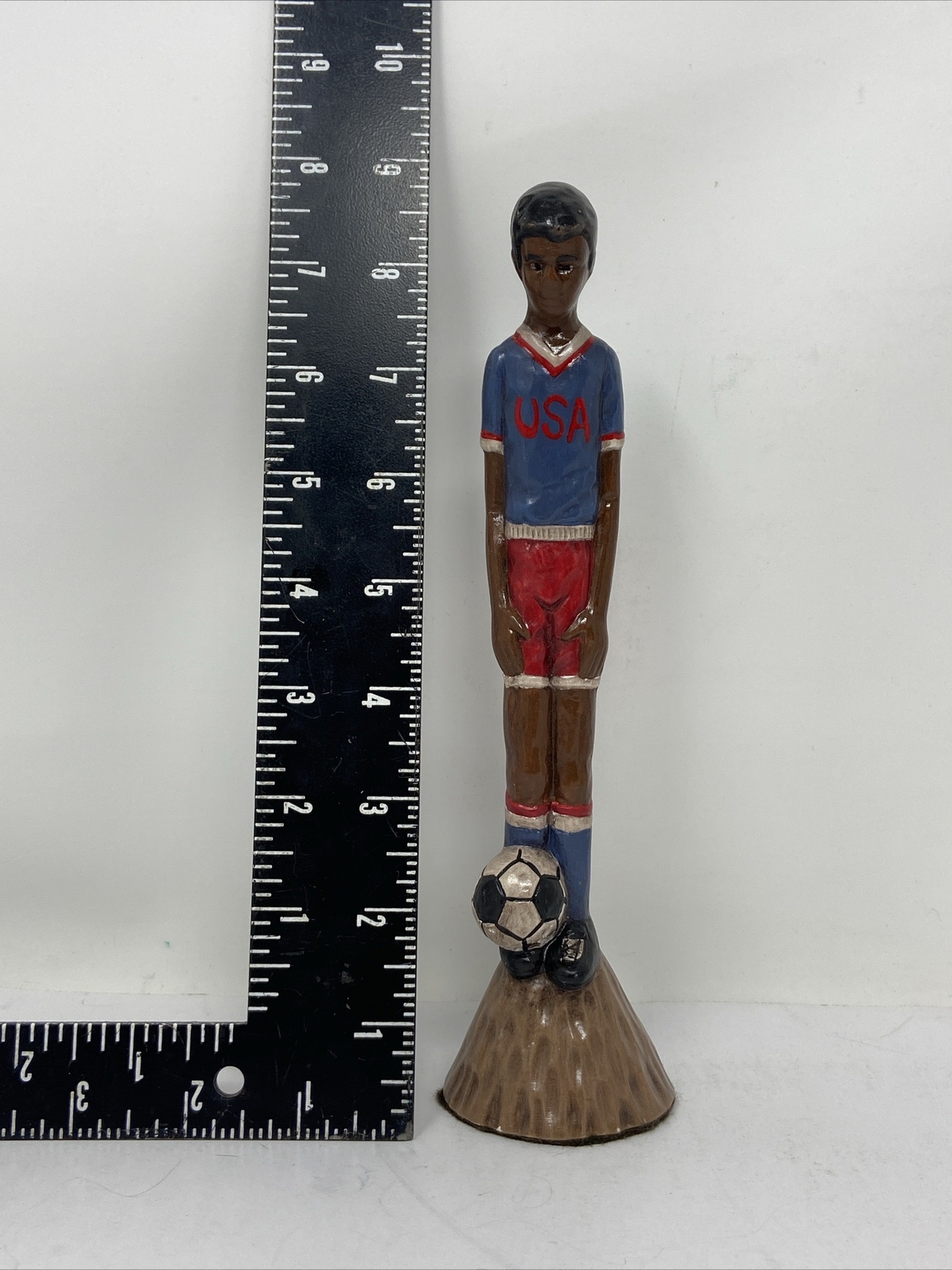 1992 Scioto Skinny Pencil Folk Art Ceramic USA Soccer Player Signed Sandi