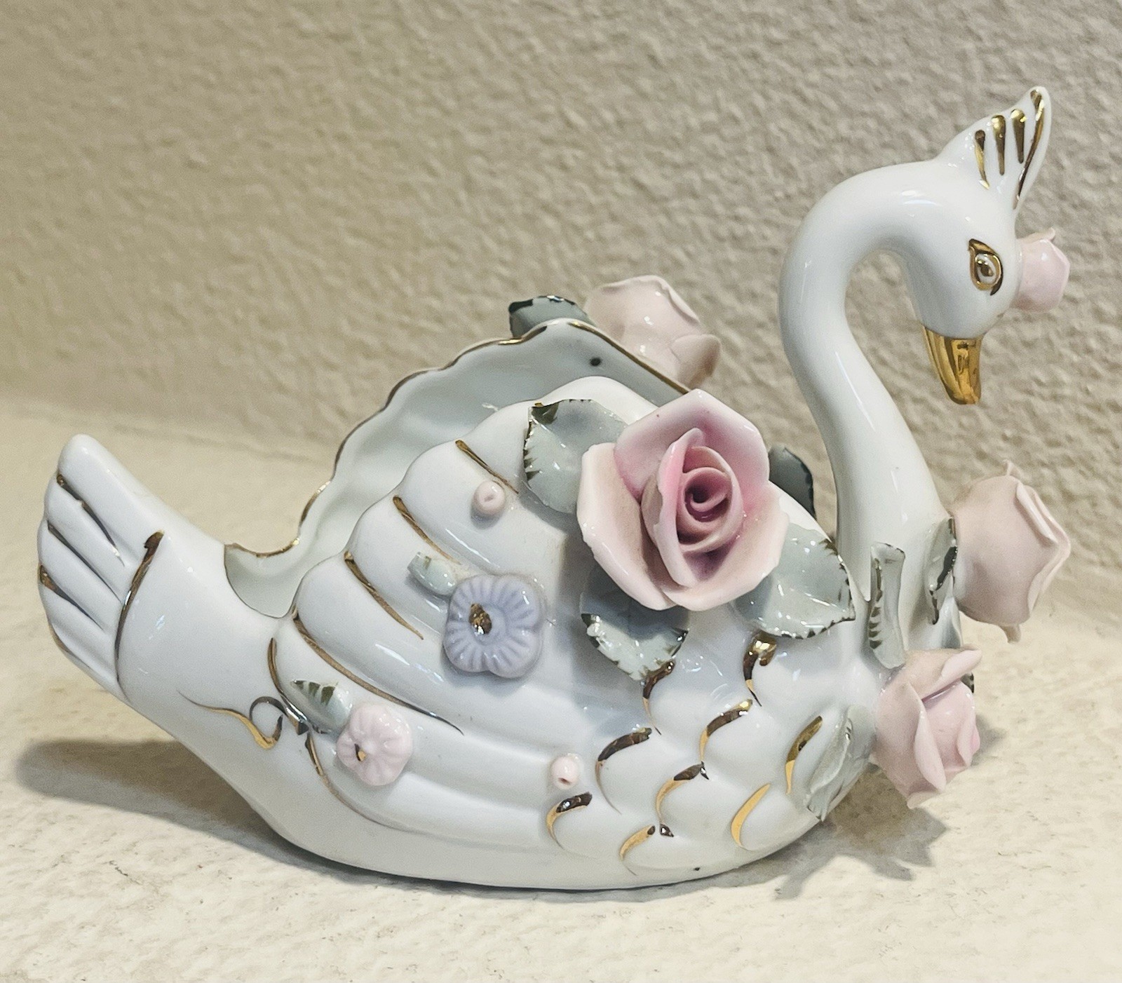 Vintage Chickusa White Swan Dish 3D Flowers Porcelain Figurine, Golden Accents