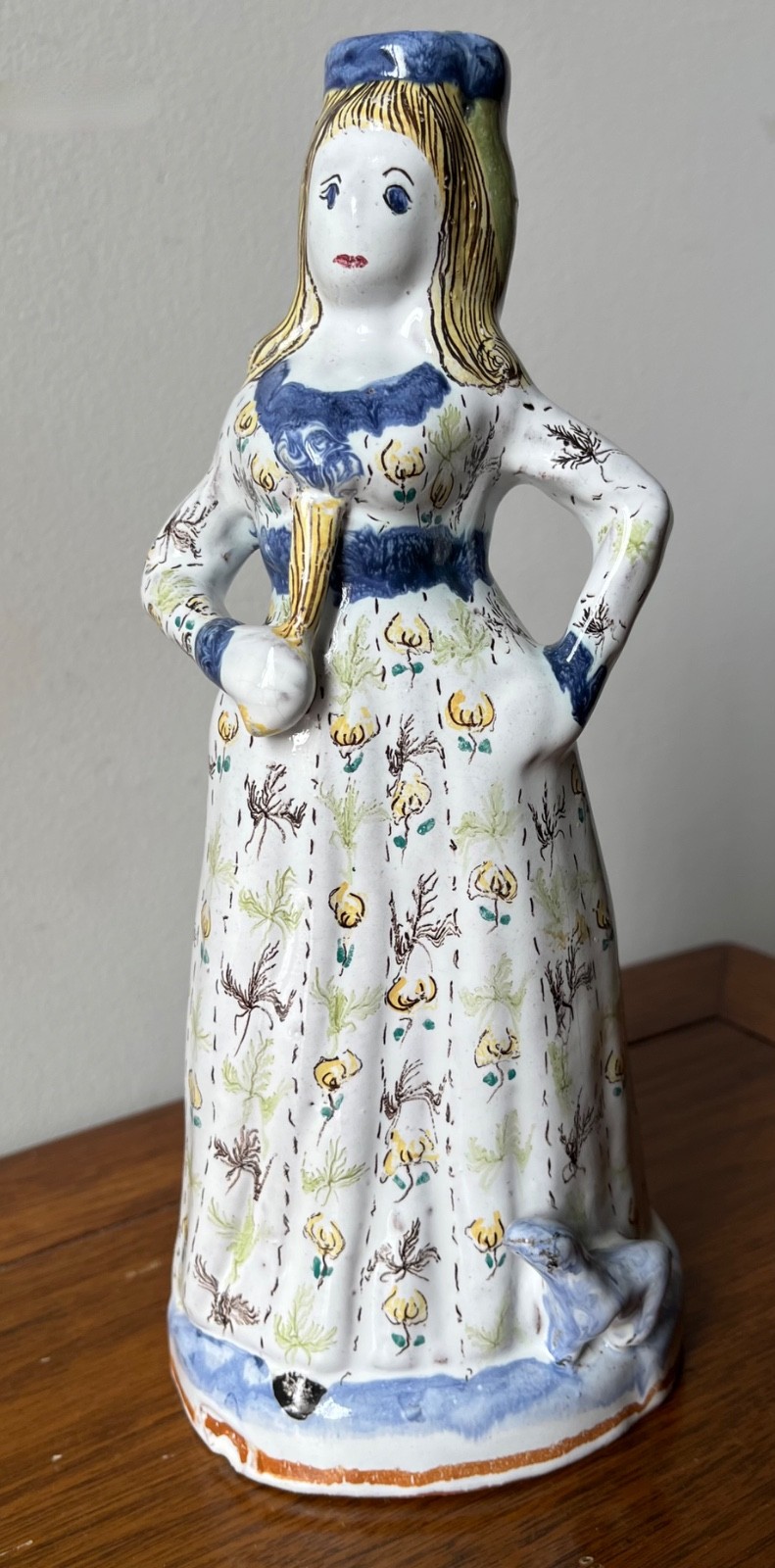 VINTAGE FAIENCE HAND-PAINTED WOMAN FIGURINE CANDLESTICK/ BOTTLE-SIGNED