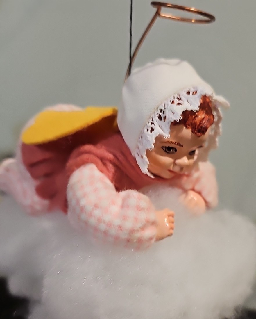 Vintage Simpich Cloud Baby “Amy” Angel Ornament – Gold Label – Checkered Pink