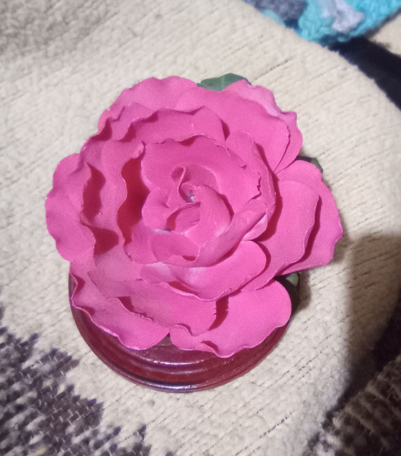 Porcelain Or Clay Pink Rose On Wood Base Decor. Unbranded. Approximately 3″ Tall