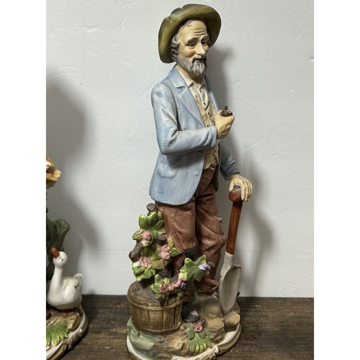 Vintage Homco Porcelain Farm Couple Figurines Man with Shovel Woman Goose Set 2
