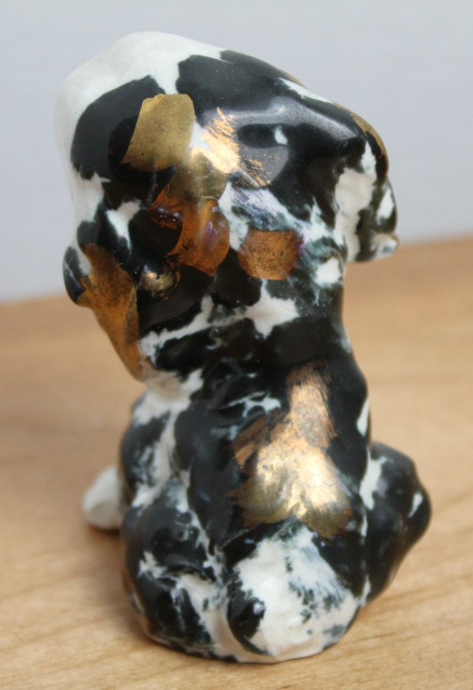 Vintage Dog Figurine Black White w/ Gold Puppy Big Eyes 3″ Ceramic Japan
