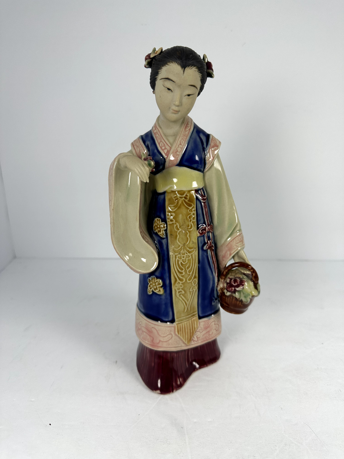 Vintage Japanese Ceramic Statue Girl with Flowers 10″ Tall Matte & Glossy Finish