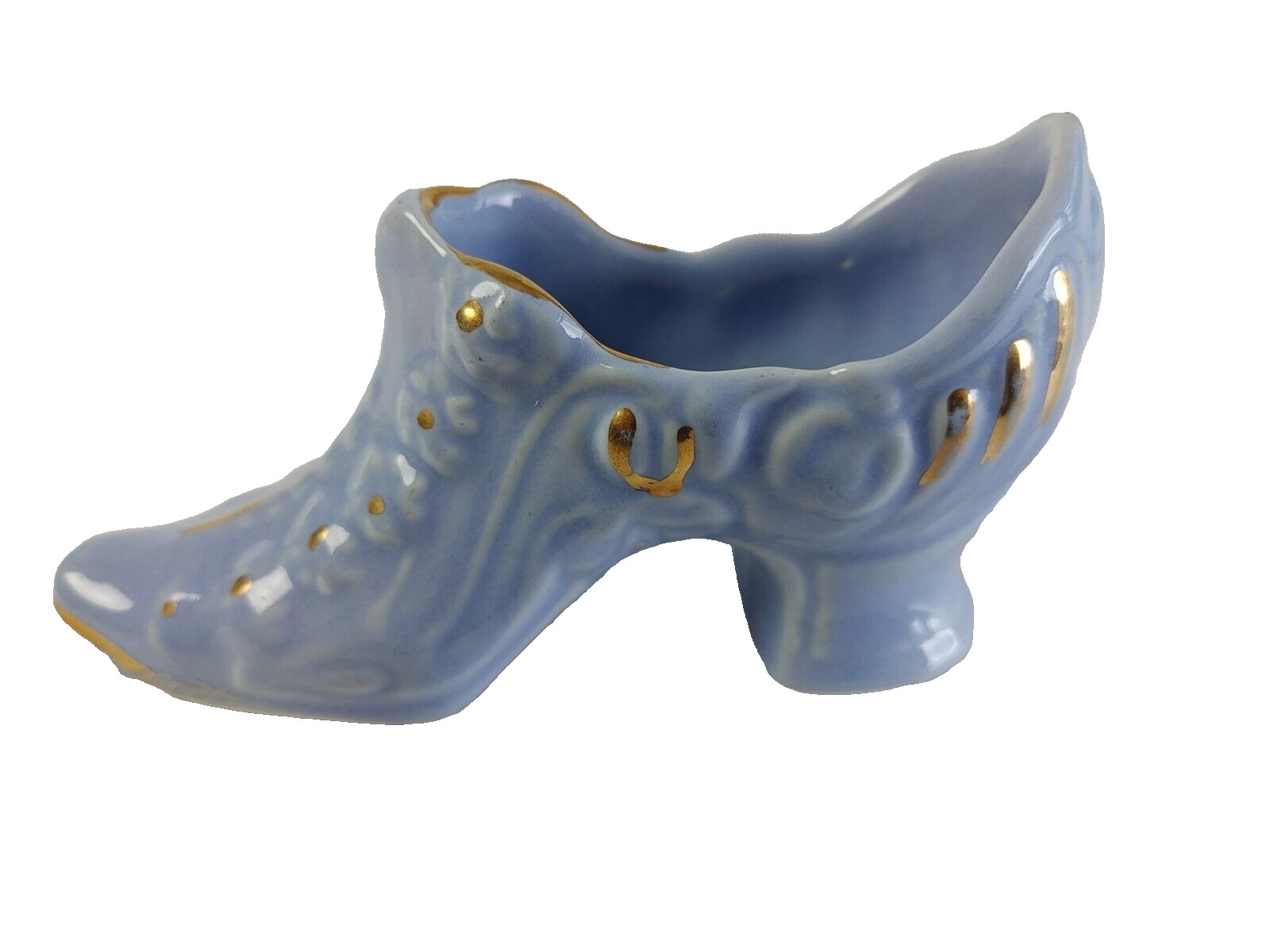 Vtg Victorian Ceramic Shoe Light Blue w/ Gold Details Approx 5″ x 2.5″ #20691