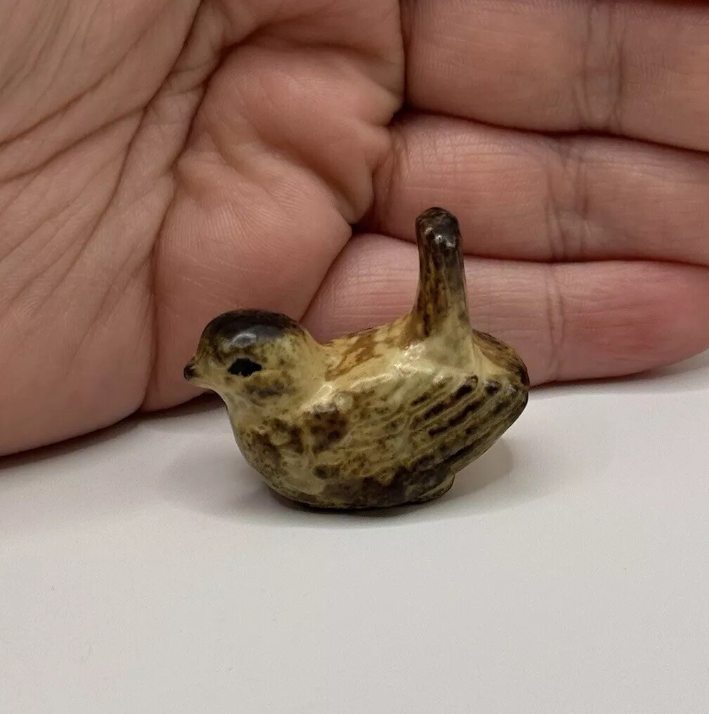 Vintage MCM Bird Figurine Ceramic Pottery Brown Miniature Trinket Collectible