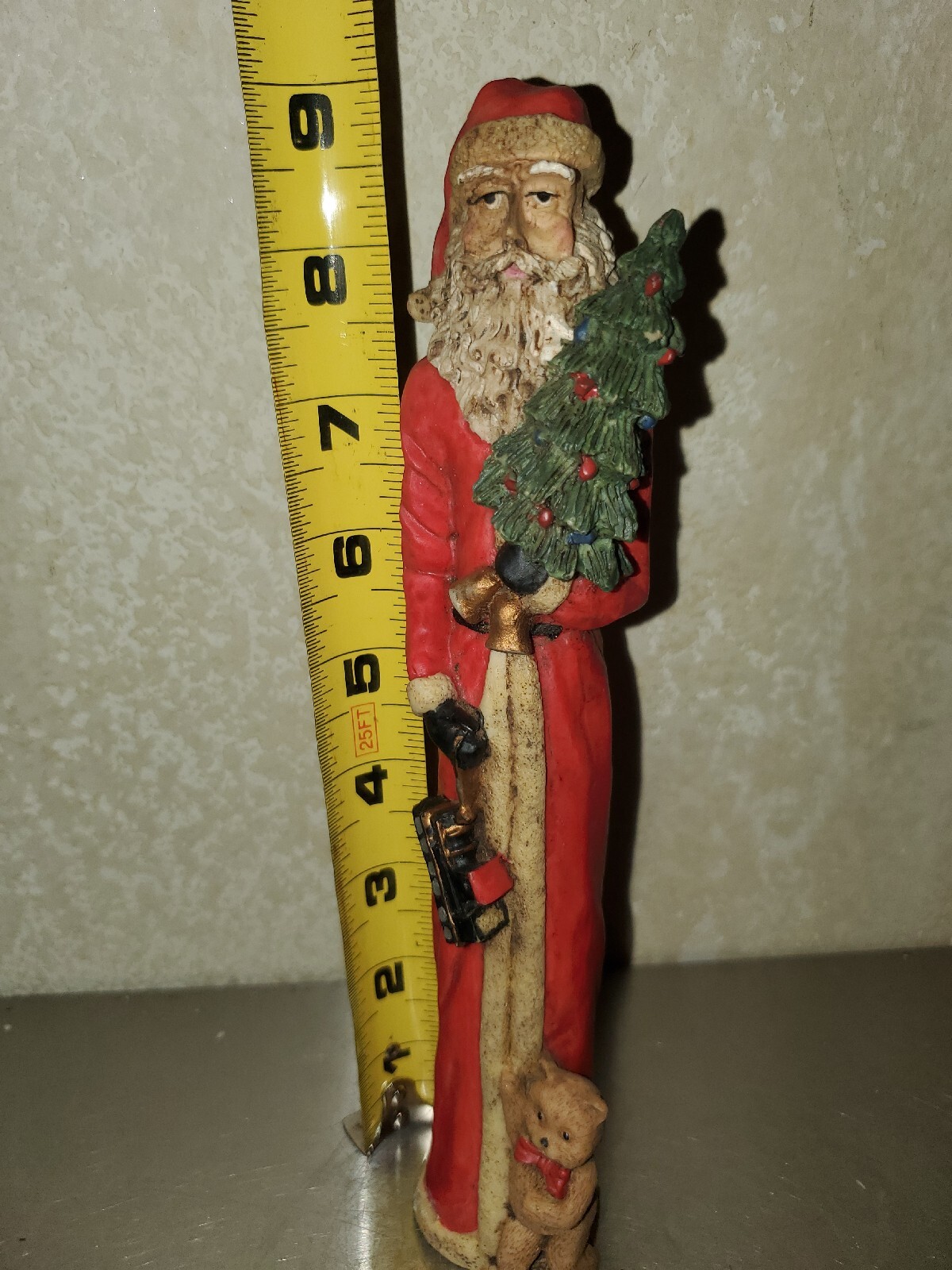 9″ Vintage Santa Claus W/Christmas Tree, Bells, Train & Teddy Bear Figurine