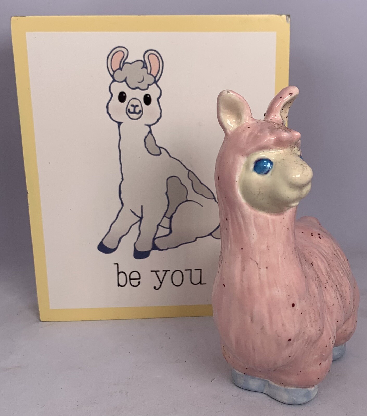 Llama Ceramic Figurine Pink 5 Inches Tall & Llama Plaque 6×6