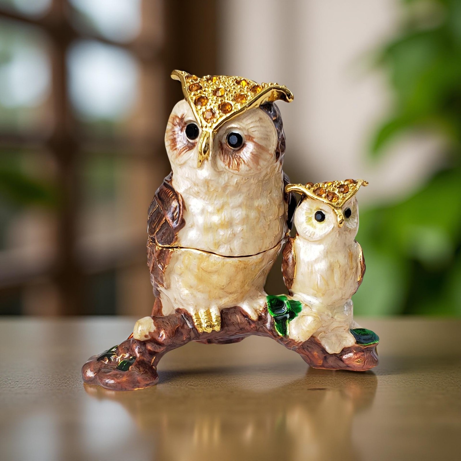 Pier 1 Cloisonne Jeweled Owl & Owlet Trinket Box Gold Tone NIB