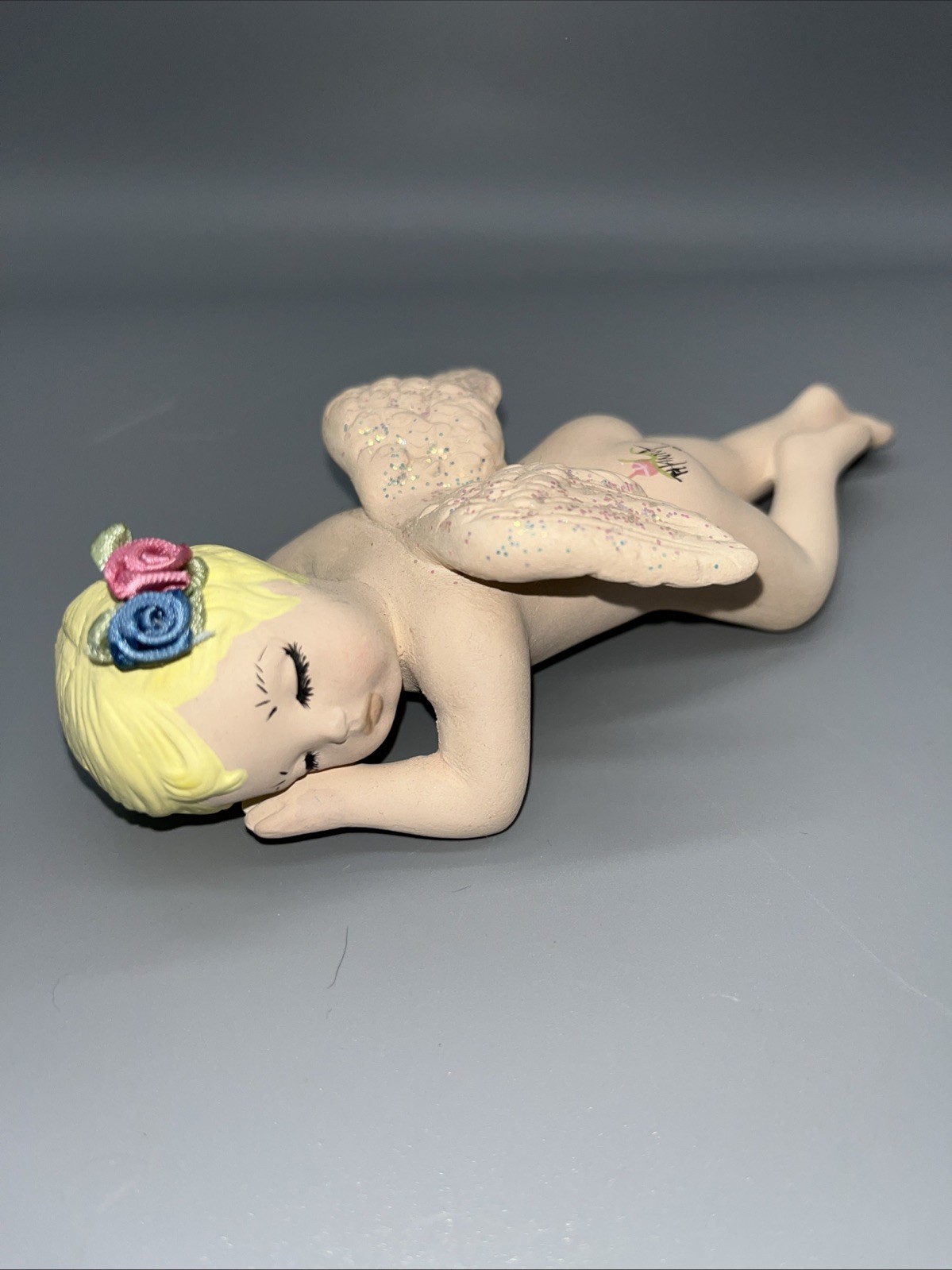 Vintage Ceramic Bisque Porcelain Sleeping Angle Cherub Nude Figurine Signed