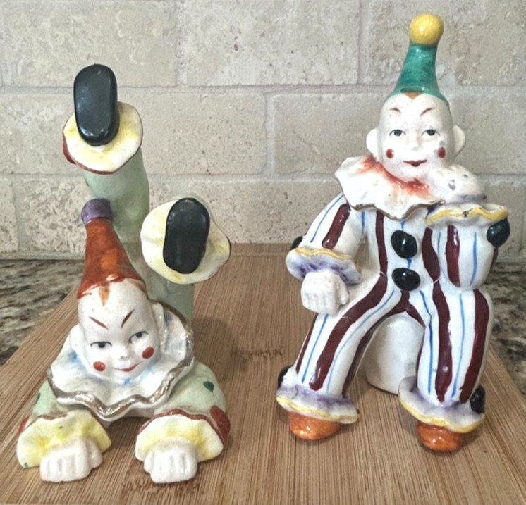 1940’s Ucago China Occupied Japan Porcelain Clowns Handstand And Thinking Poses
