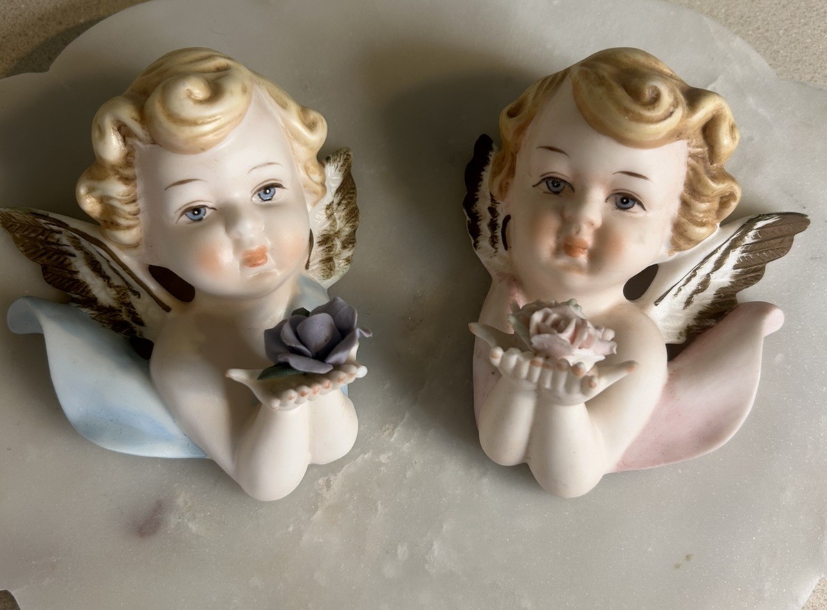 Vintage Lefton Style Porcelain Cherub Angel Wall Plaque Japan Pink Blue Set of 2