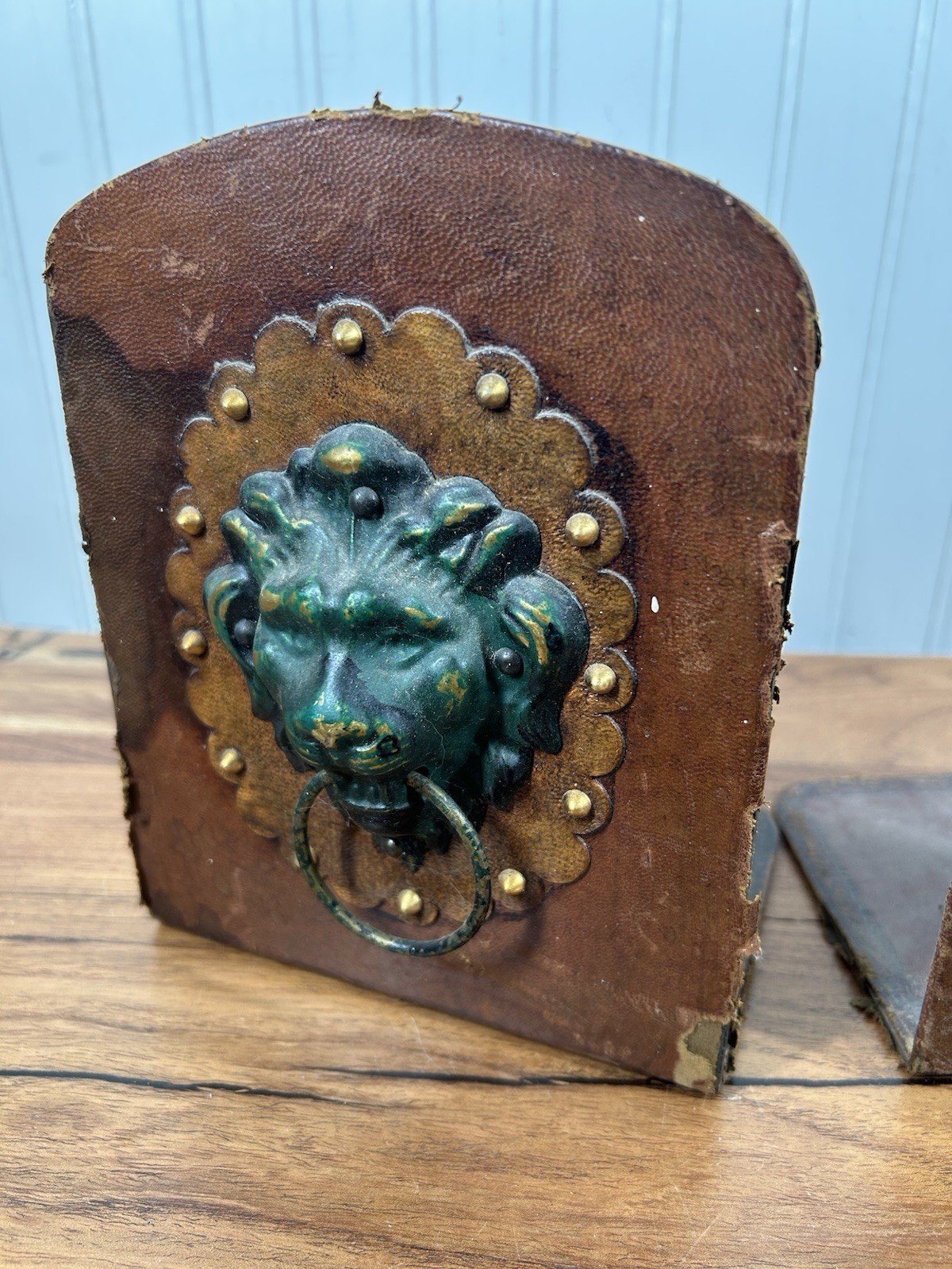 Vintage Italian Leather Wrapped Lion Head Bookends Brass Ring Pull Library Decor