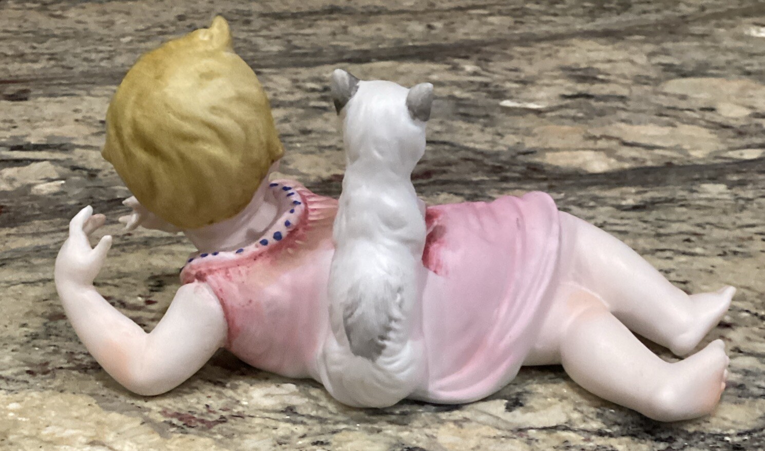 BABY GIRL W KITTEN BISQUE PIANO BABY FIGURINE 6 3/4”L Delicate Fingers No Flaws