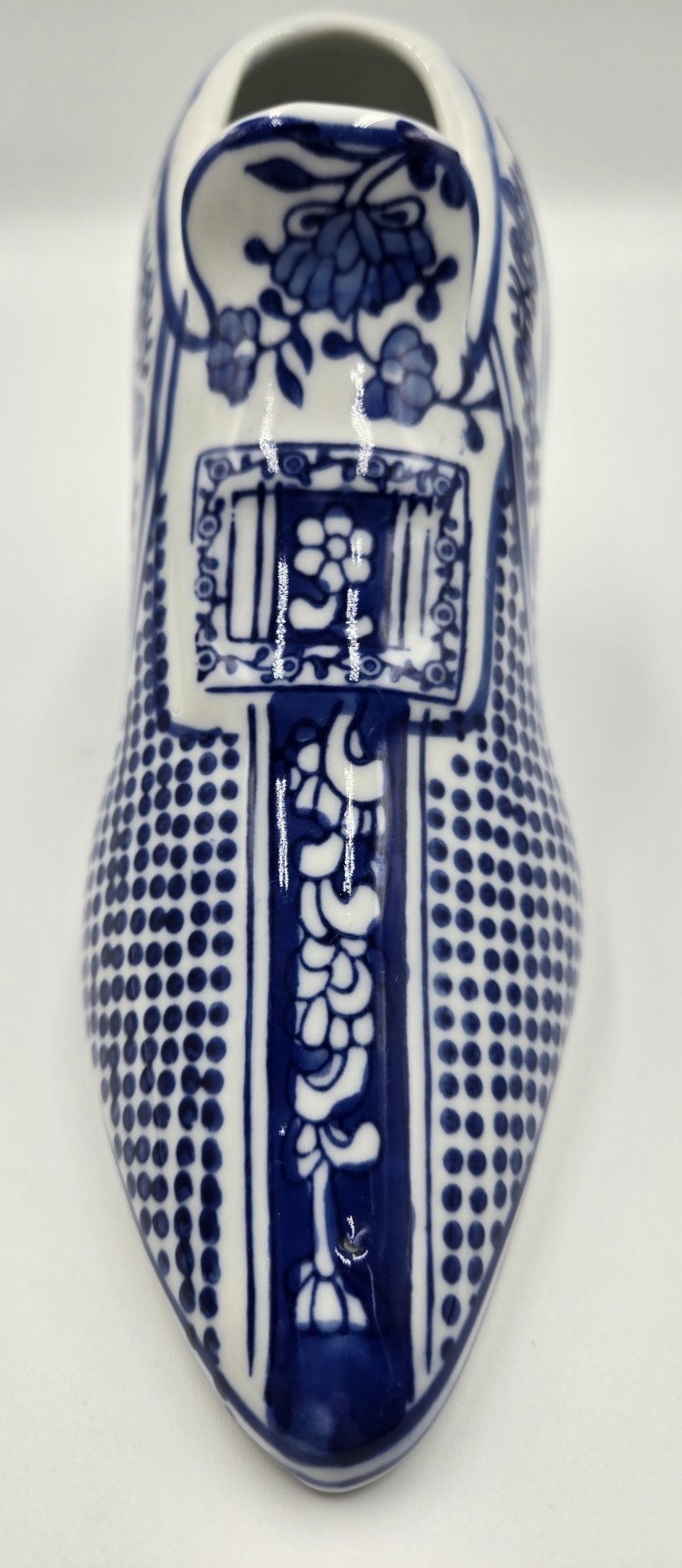 Vintage Chinoiserie Royal Blue Porcelain Shoe 7.5 In Made In China Handpainted