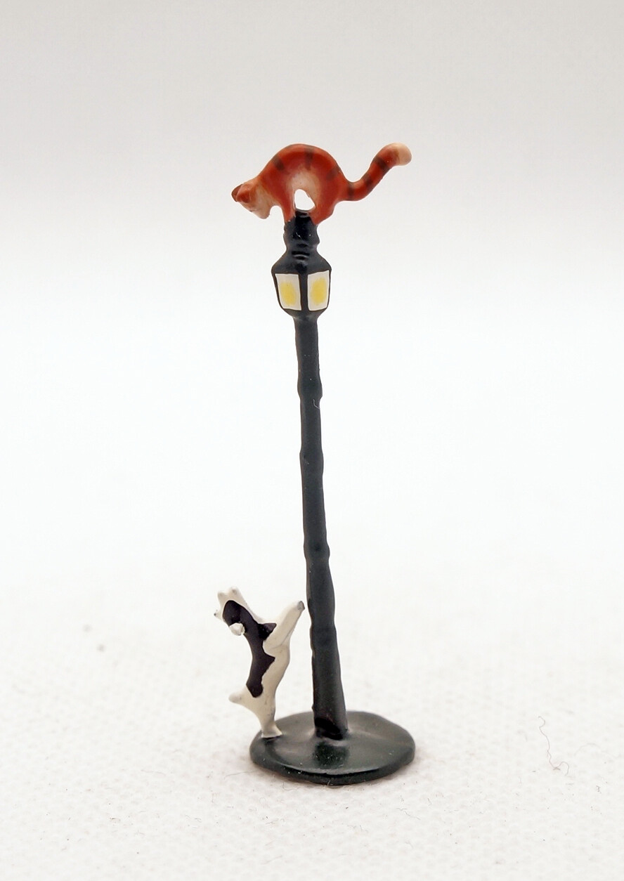 J Carlton by Gault French Miniature Figurine Dog Chasing Cat w Paris Street Lamp