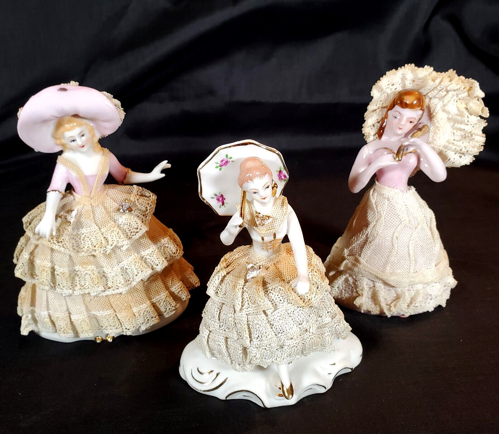 Vintage Set of 3 Lady’s in Starched Lace Figurines Made in Dresden Style