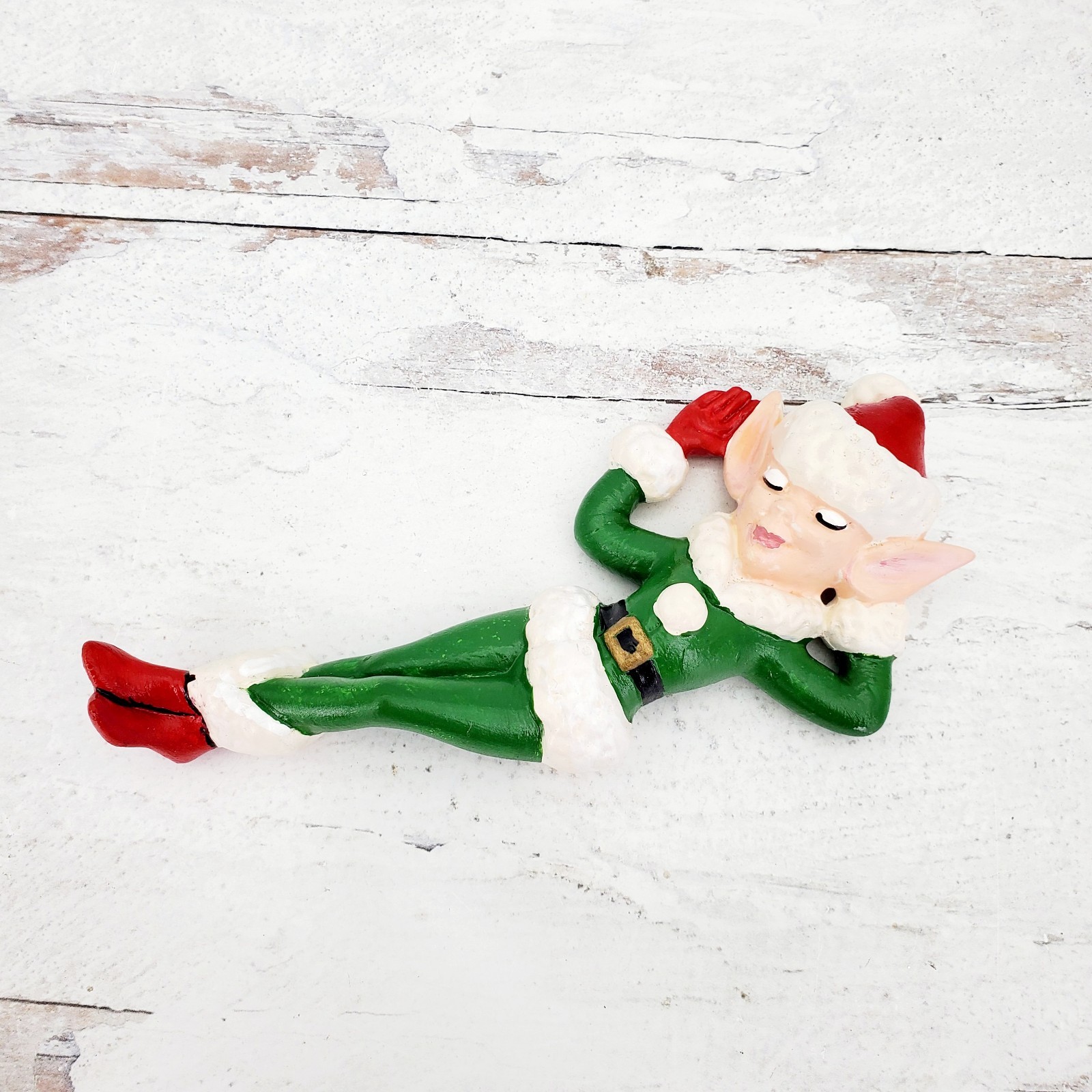 Vintage Green Ceramic Pixie Elf Hand Painted 6″ Laying On Back Figurine
