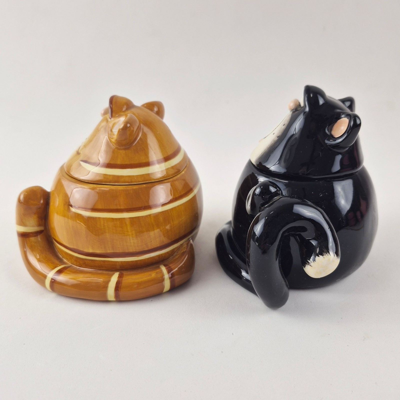 2 Vintage Russ Berrie Douglas Whimsical Cat Ceramic Candle Holders Trinket Boxes