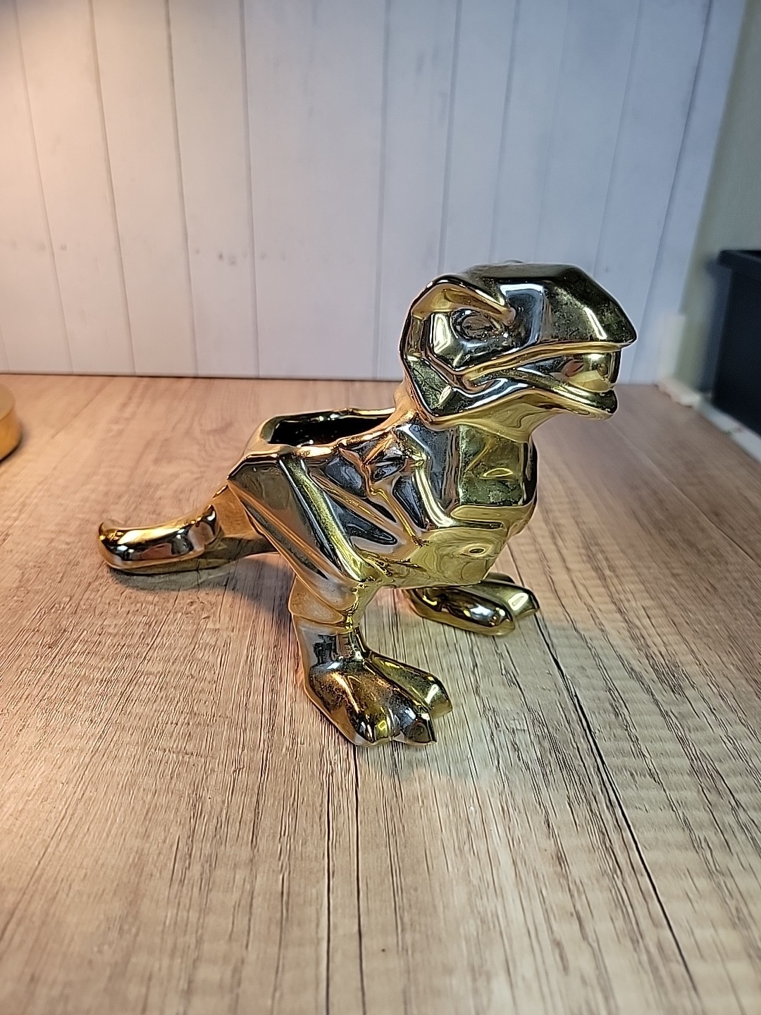 Gold Ceramic T-Rex Dinosaur Figurine Modern Decor Shiny Metallic Statue