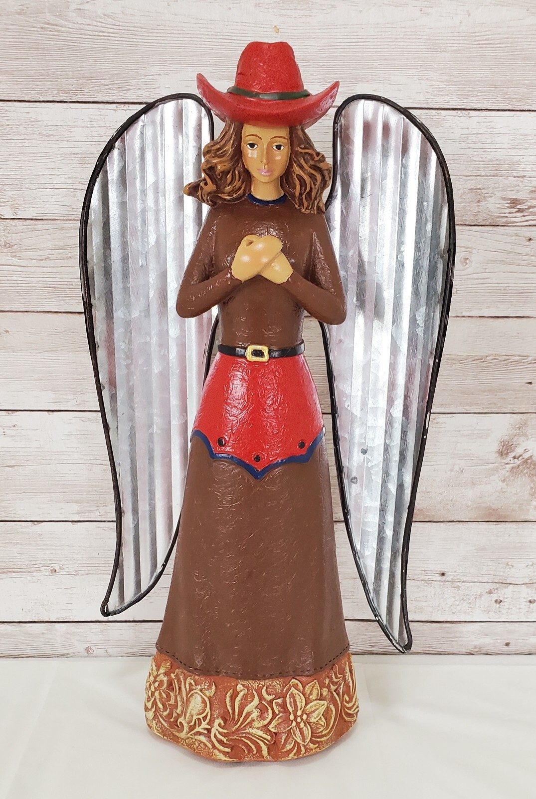 Folk Art Western Cowgirl Angel Resin With Tin Metal Wings Religious Rustic
