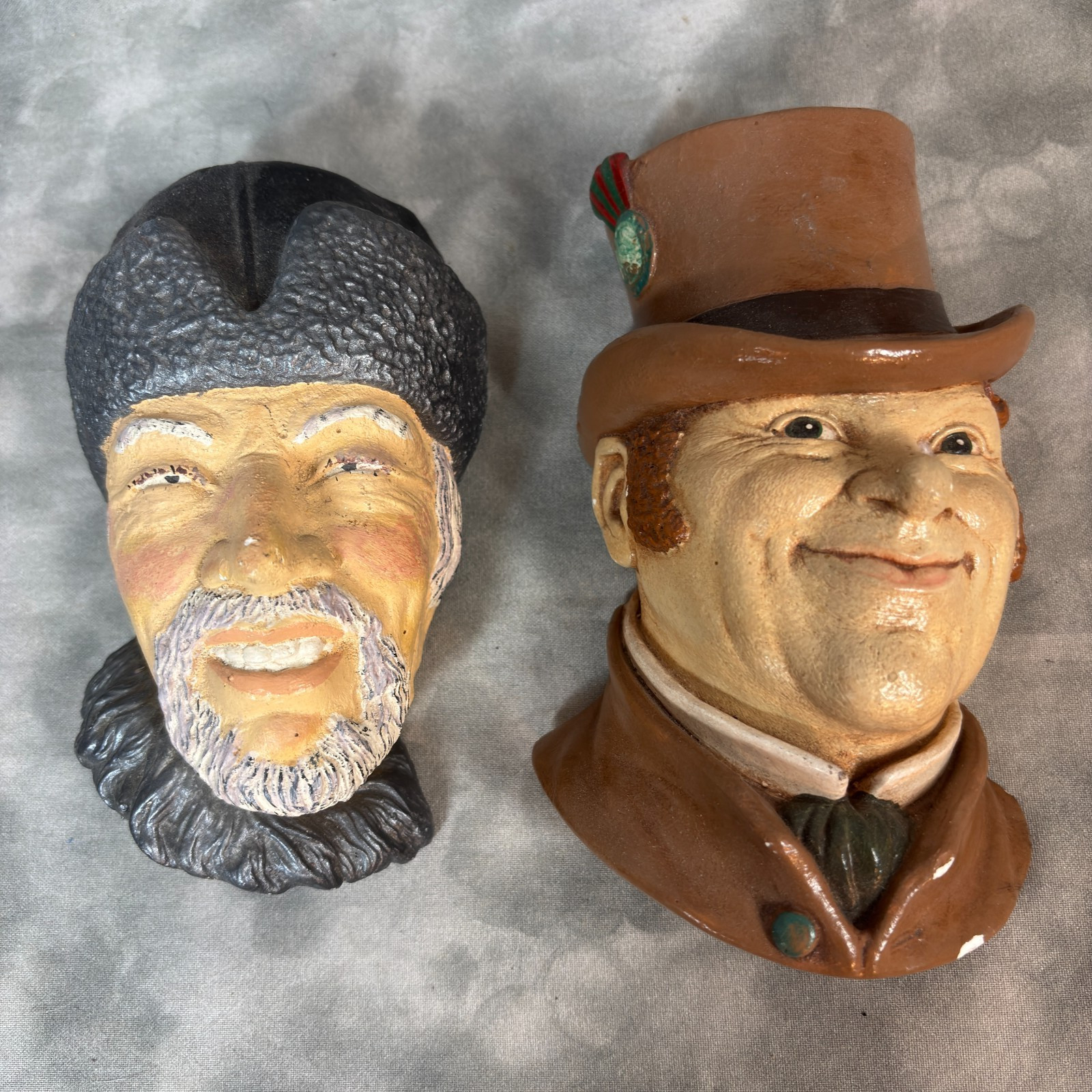 Vintage Unmarked Chalkware Character Wall Plaques Lot 2 Monk & Gentleman Heads