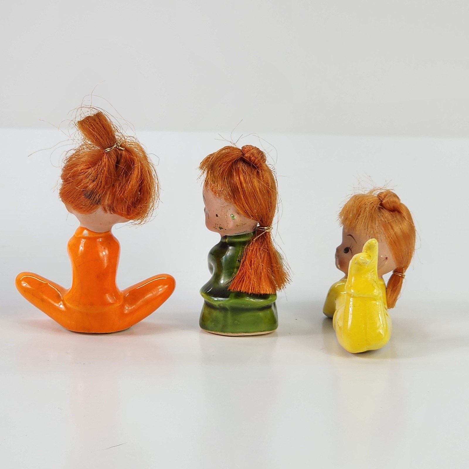 3 Vtg Ceramic Pixies Red Orange Hair Doll Elf Japan National Potteries Co.