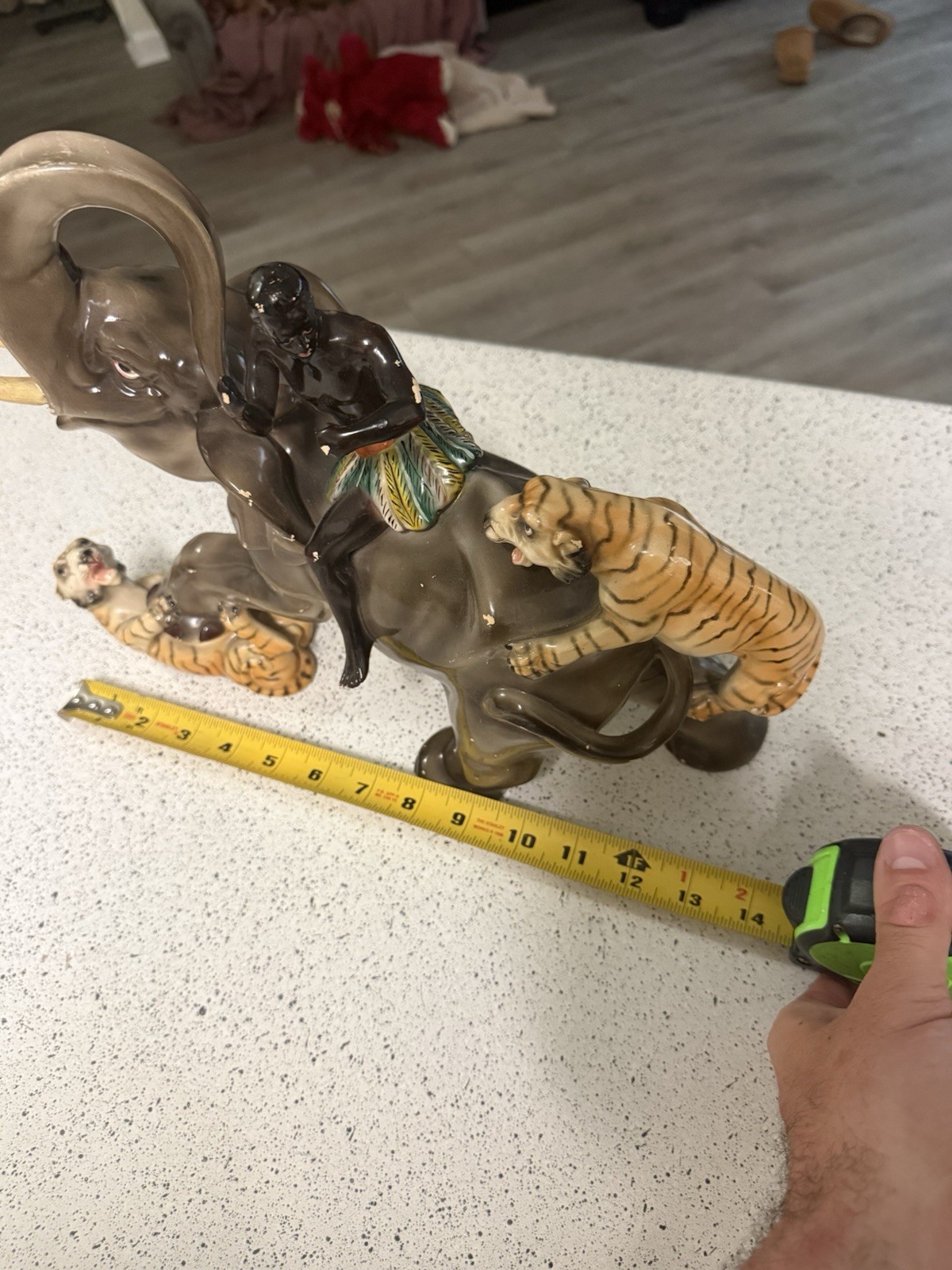 Vintage Man on Elephant Fighting Tigers Large Ceramic Made in Portugal Rare Find