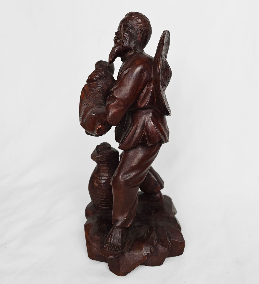 10″ Vintage Hand Carved Fisherman Wood Statue Figure Holding Fish 1950s–1970s