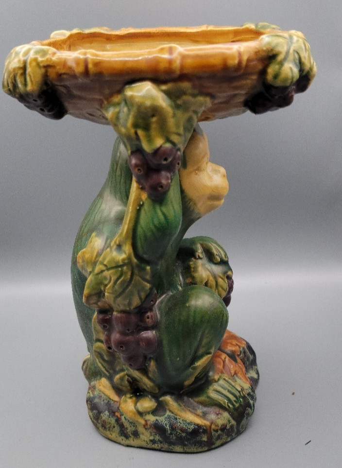 60s VTG Majolica Style Ceramic Monkey Holding Basket Pedestal Bowl Figurine 9.5″