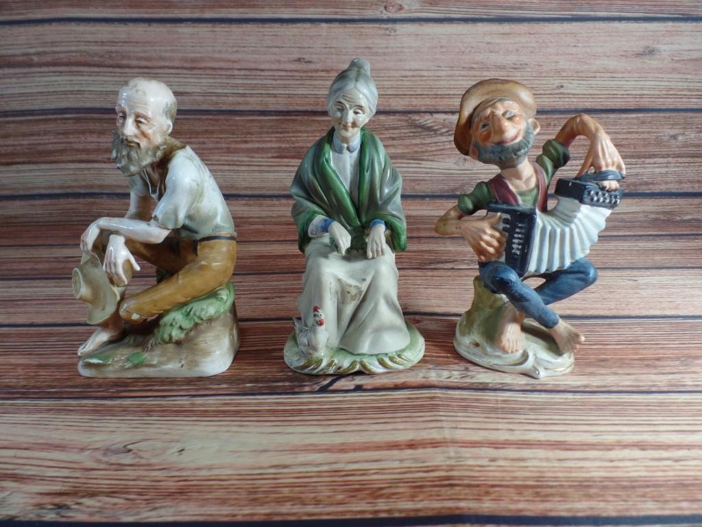 Vintage Porcelain Bisque Figurines Lot of 3 Old Man Woman Accordion Player