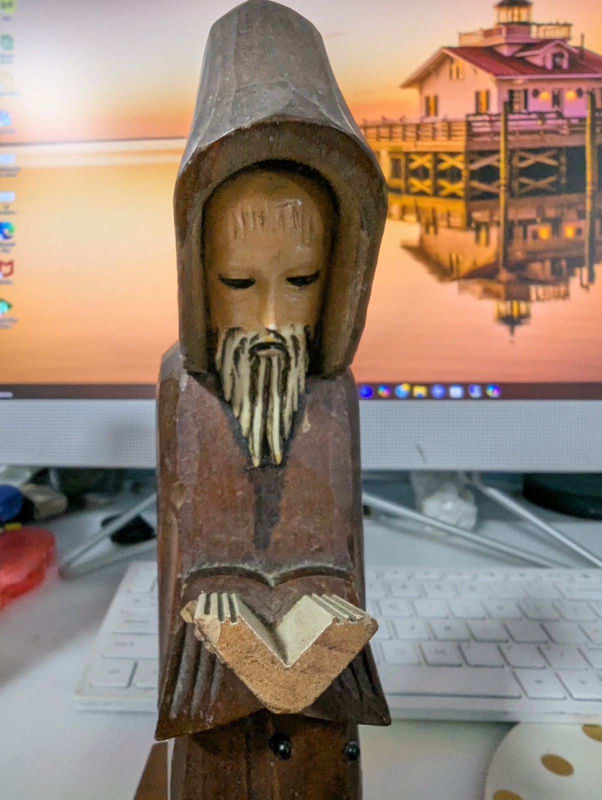 Vtg Monk Statue Folk Art Hand Carved Detailed Wood Priest Figure w/Rosary Bible