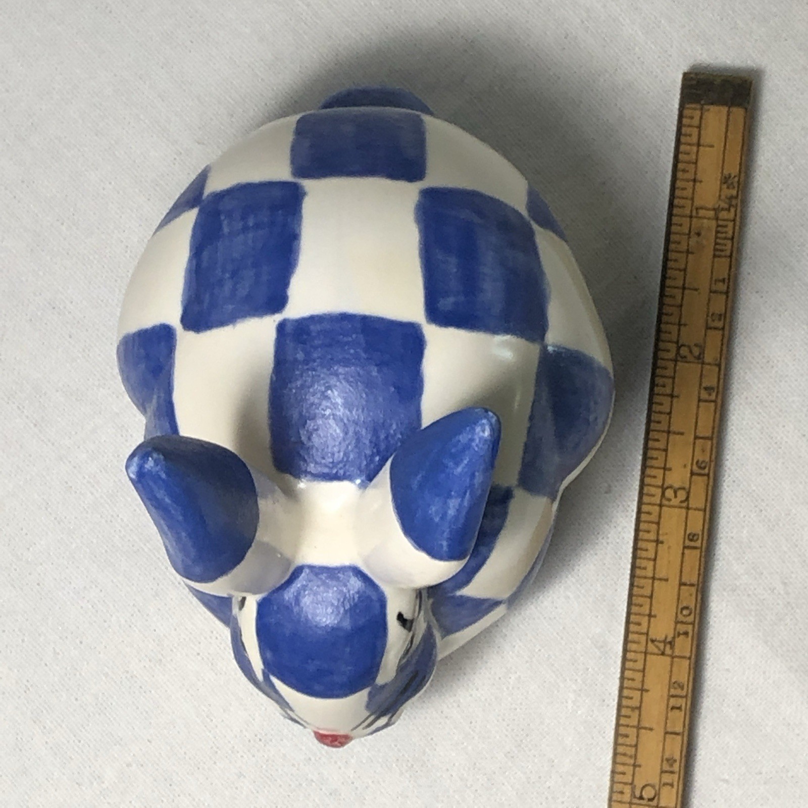 Artist-Made Hand-Painted Blue & White Checkered Porcelain Rabbit Signed Roque