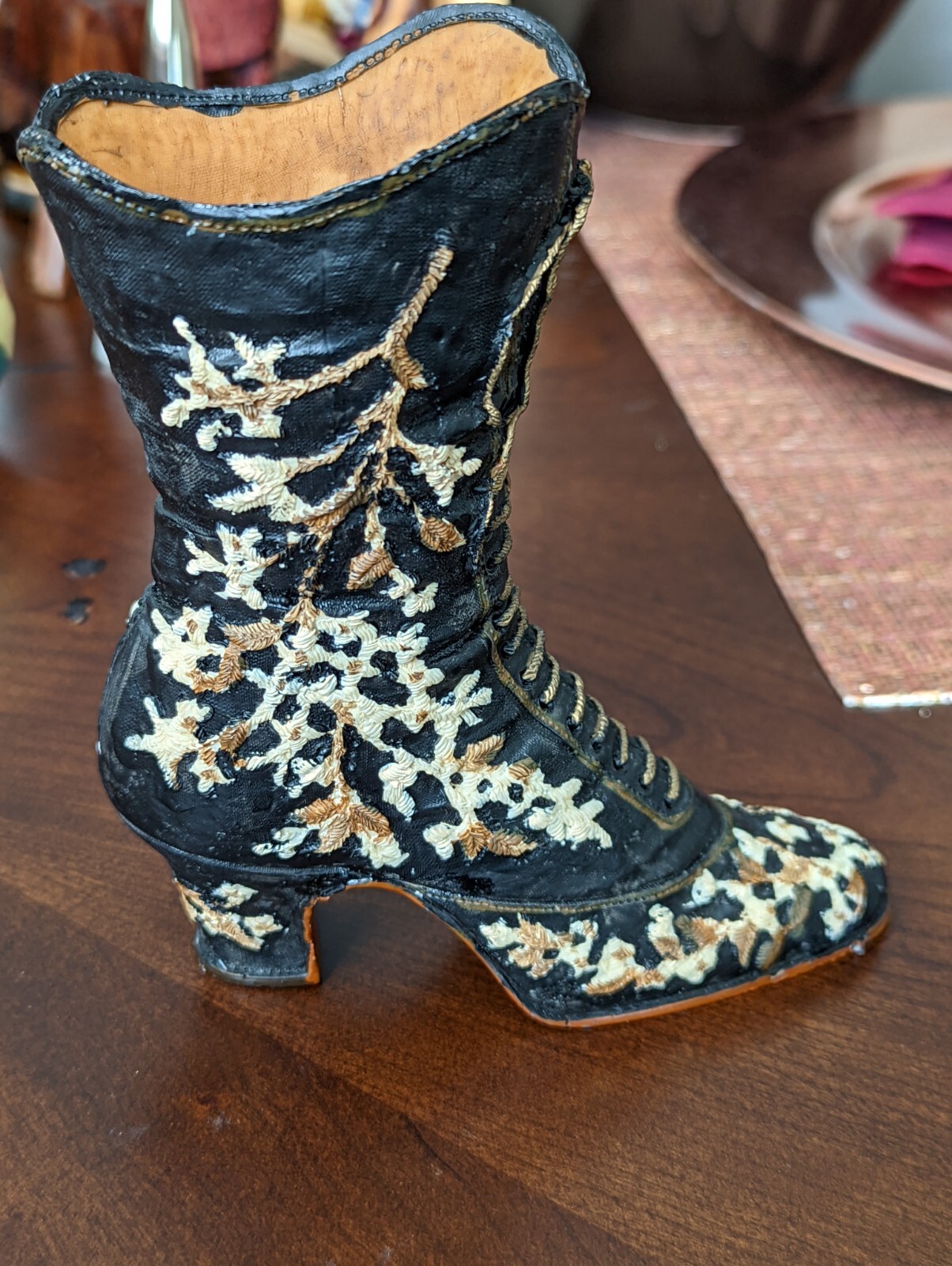 Ornate Victorian Style Boot Black Beige Brown Resin Figurine Unique 6″ Height