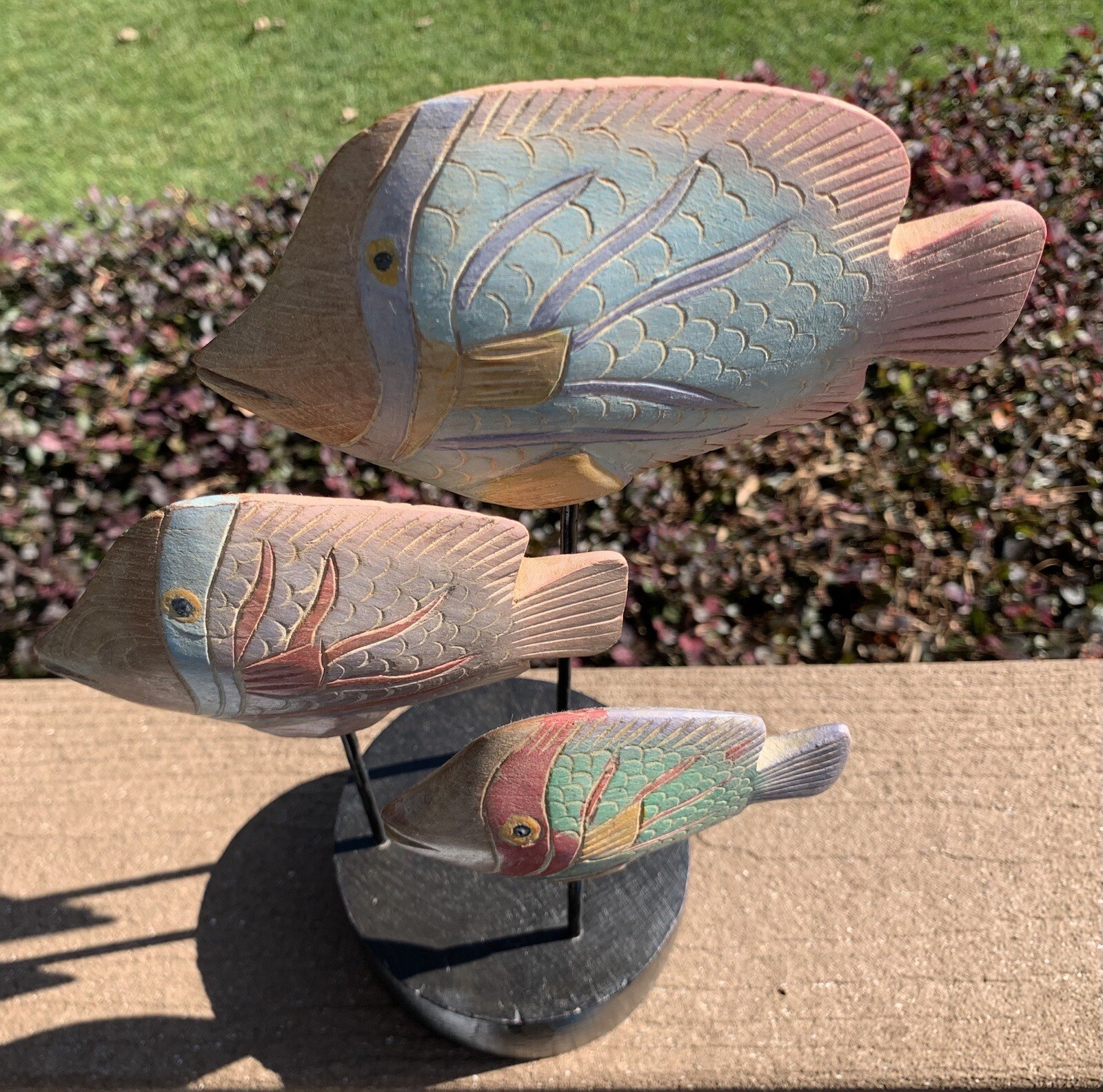 Vintage Handcarved 3 Pastel Wooden Fish Marine Figurine on Wood Base, Thailand
