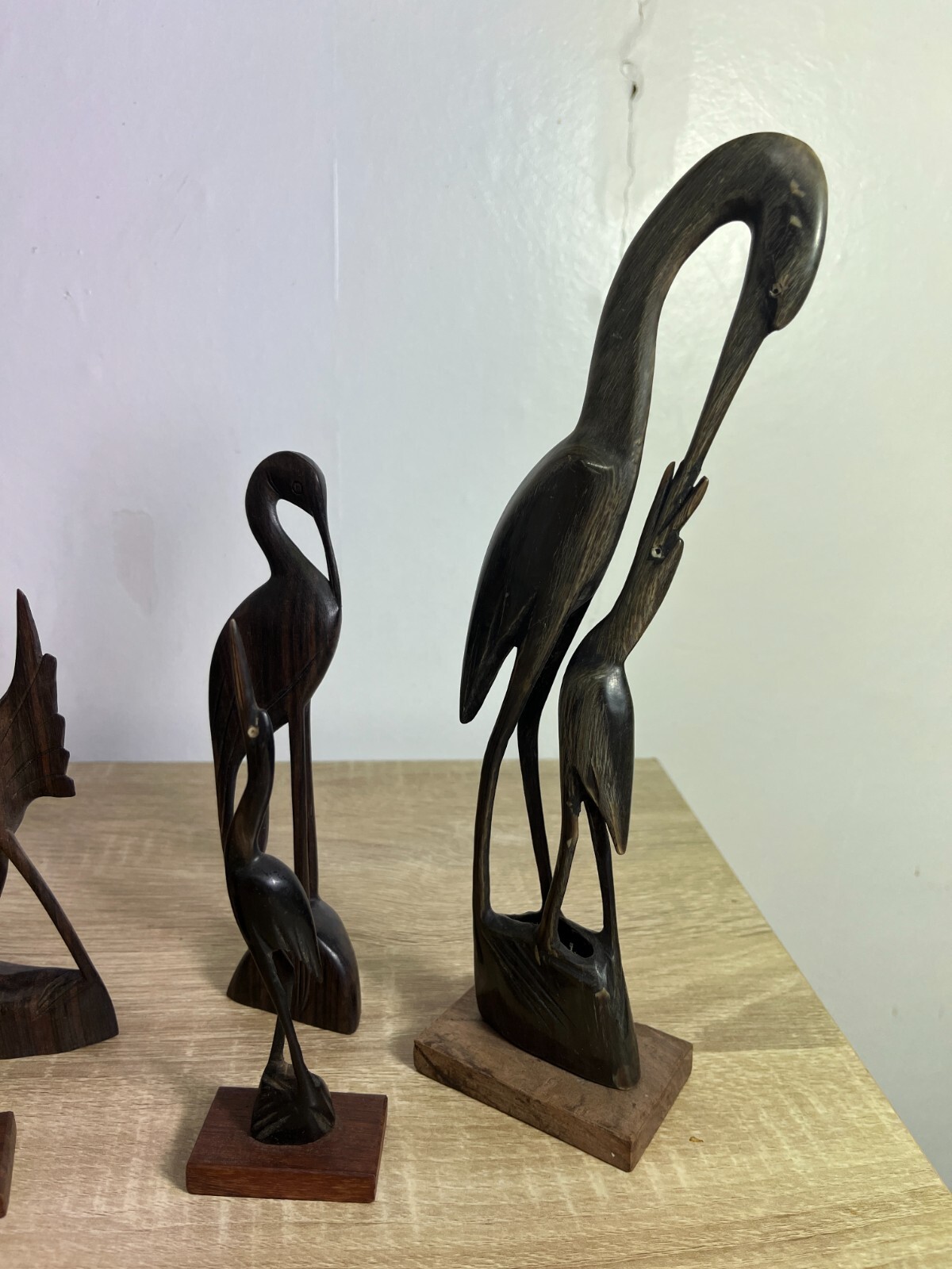 Large Makonde Style Hand Carved Crane Bird Figurines Vintage African Blackwood