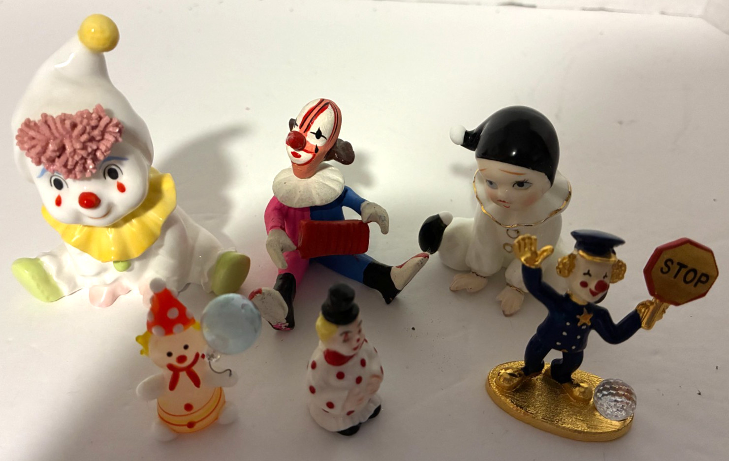 Lot of 6 Miniature Clown Figurines Porcelain, Glass, Metal, Resin