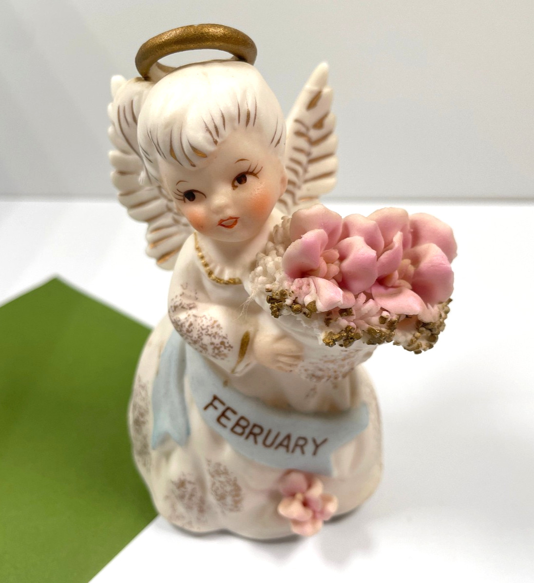 Lefton February Birthday Girl Angel Statue with Pink Flowers