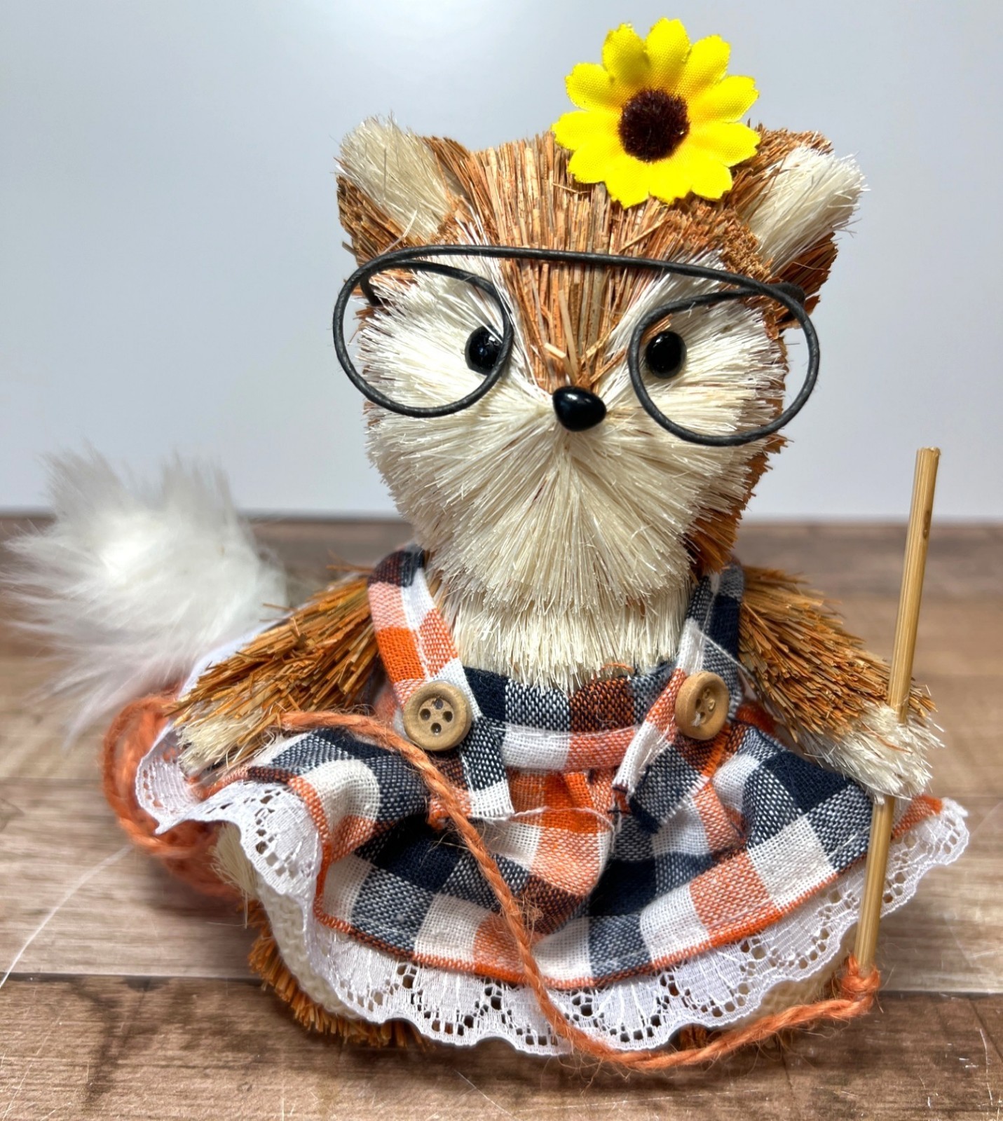 Handcrafted Woodland Hedgehog Figurine With Decorative Plaid Dress & Sunflower