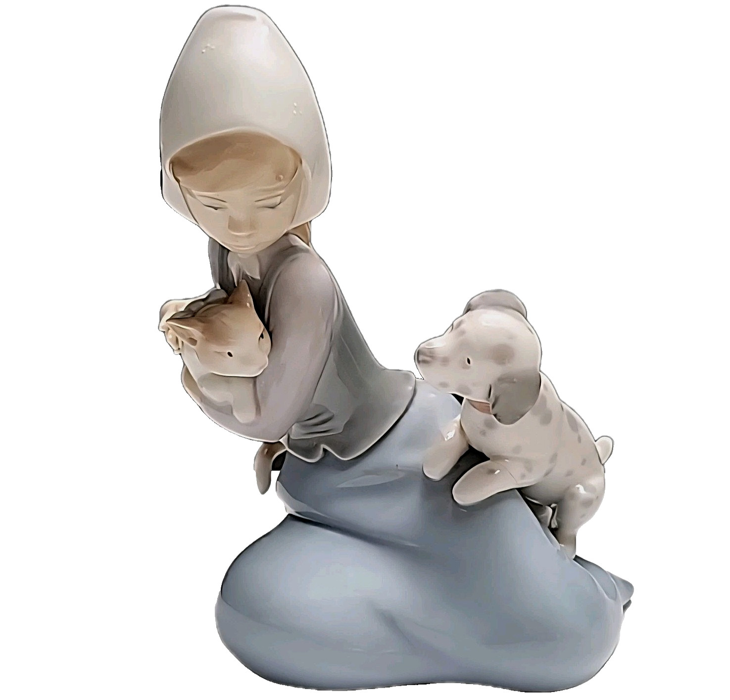 Lladro Porcelain Figurine Little Friskies Girl Holding Dog Puppy Cat VTG 1970’s