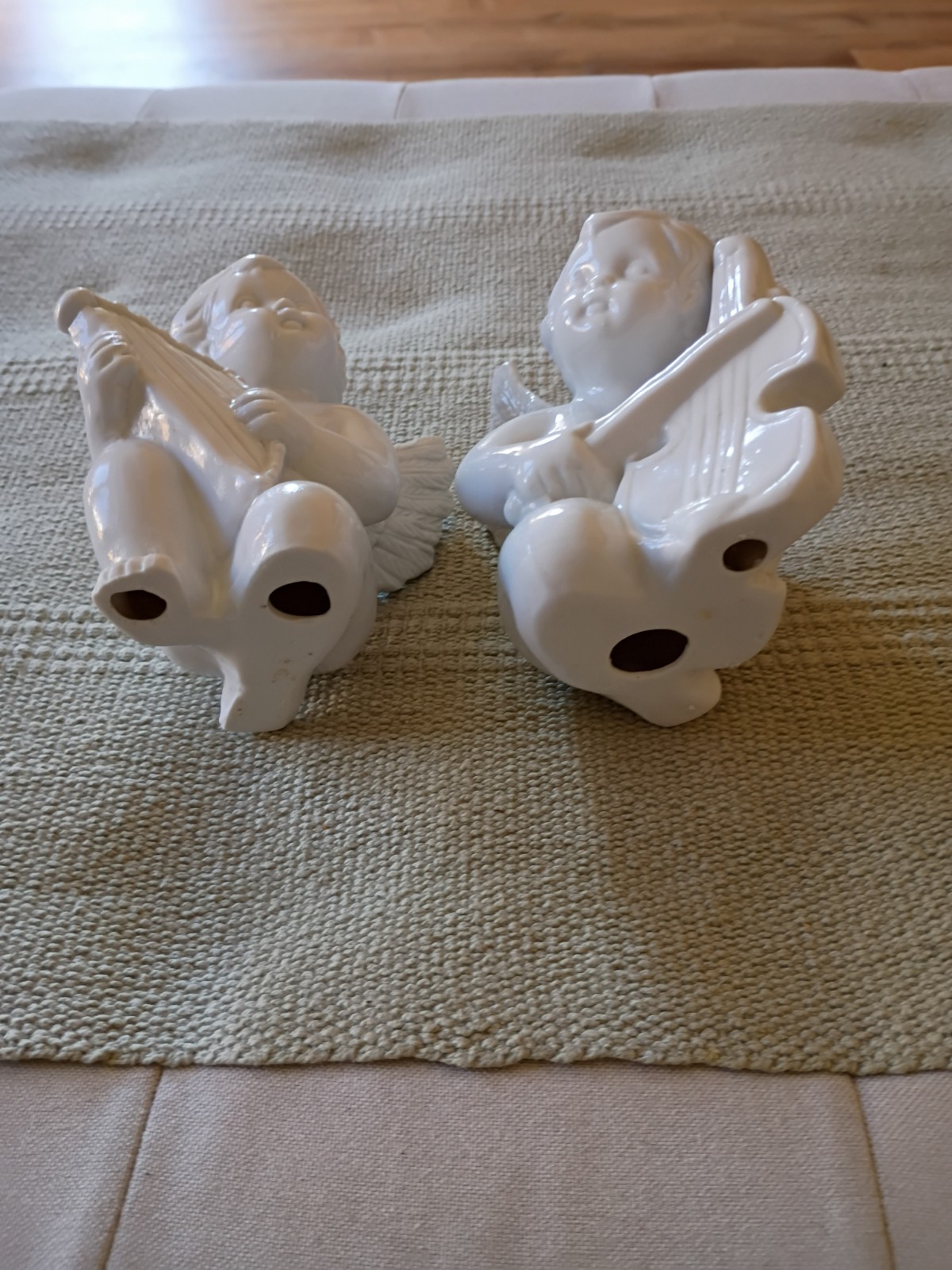 Kneeling Angel Cherub Porcelain Pair Instrumental Figurines White Glossy