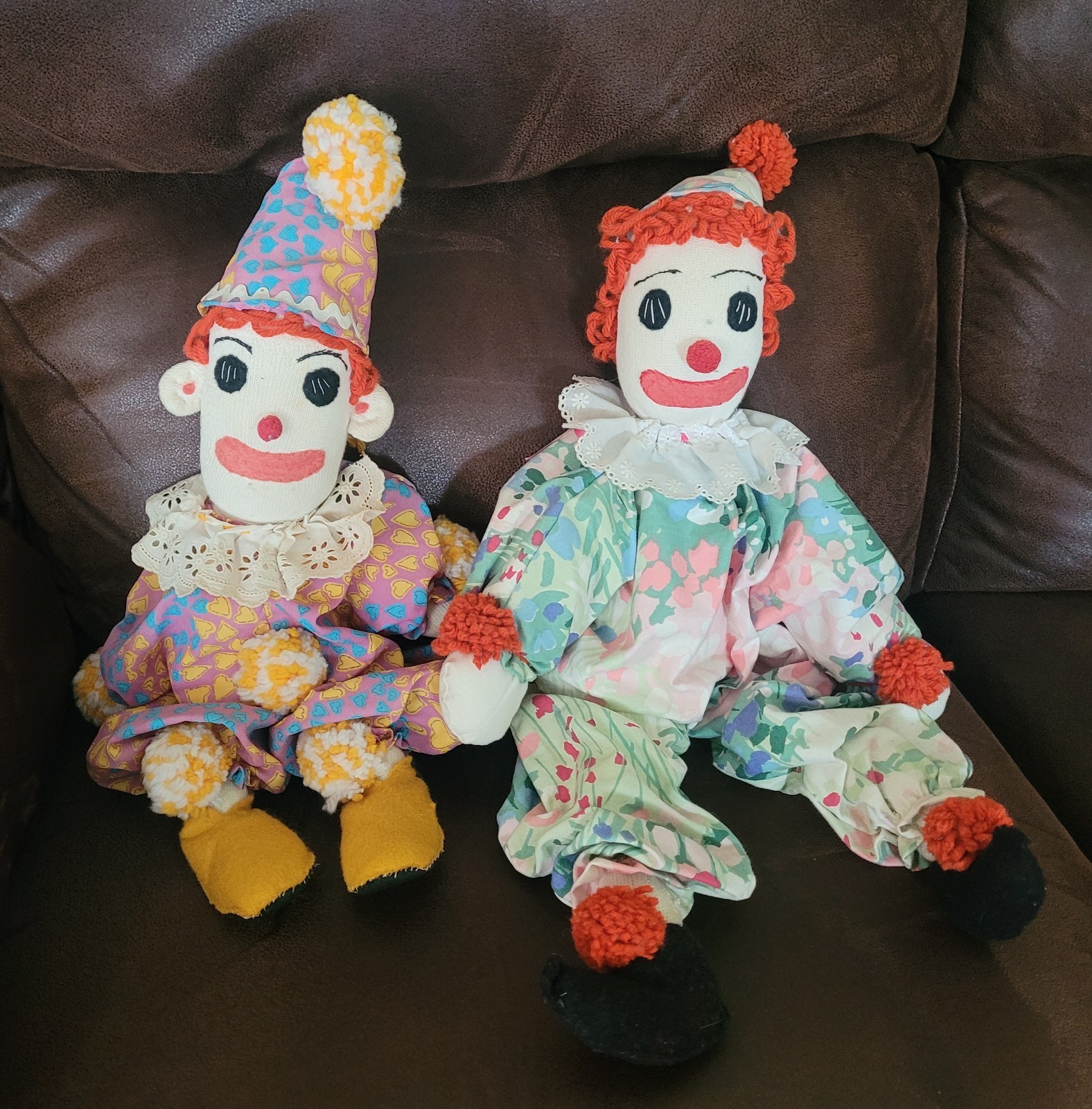 Pair Of Vintage Clown Dolls, Sock Face, Handmade Couple, Rag Doll Style