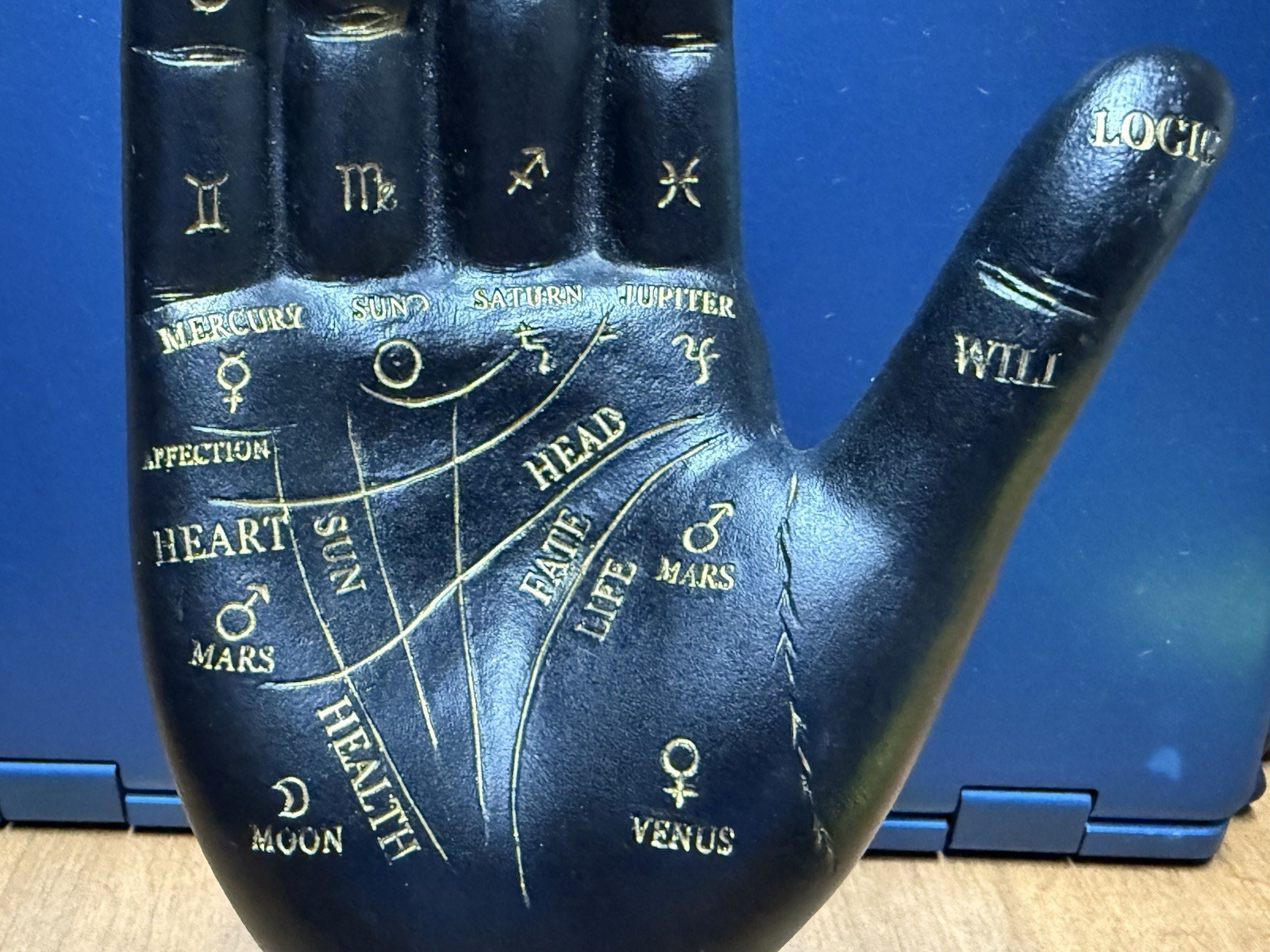 Hand Figure Tabletop Figurine Palmistry Black Gold 9” Spiritual Decor Engraved