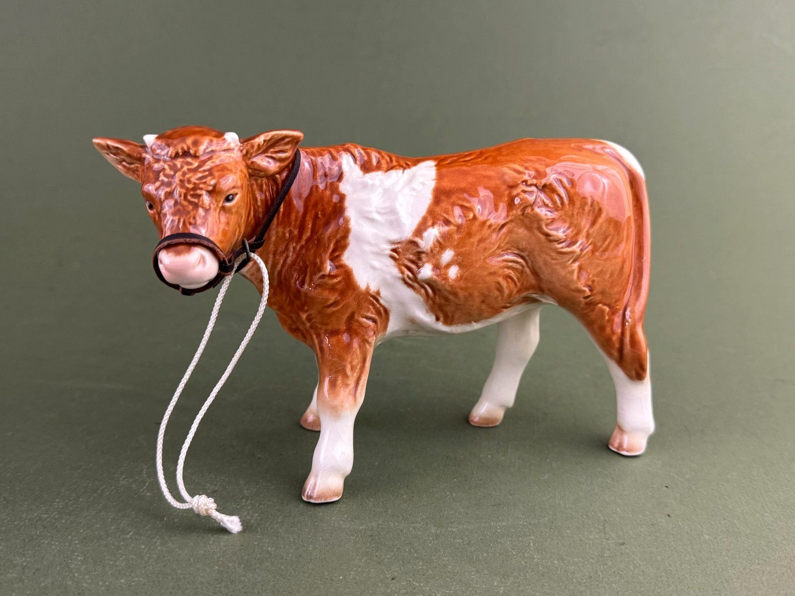 VTG W Germany 1977 Goebel Porcelain Brown White Cow Bull Figurine Leather Steer