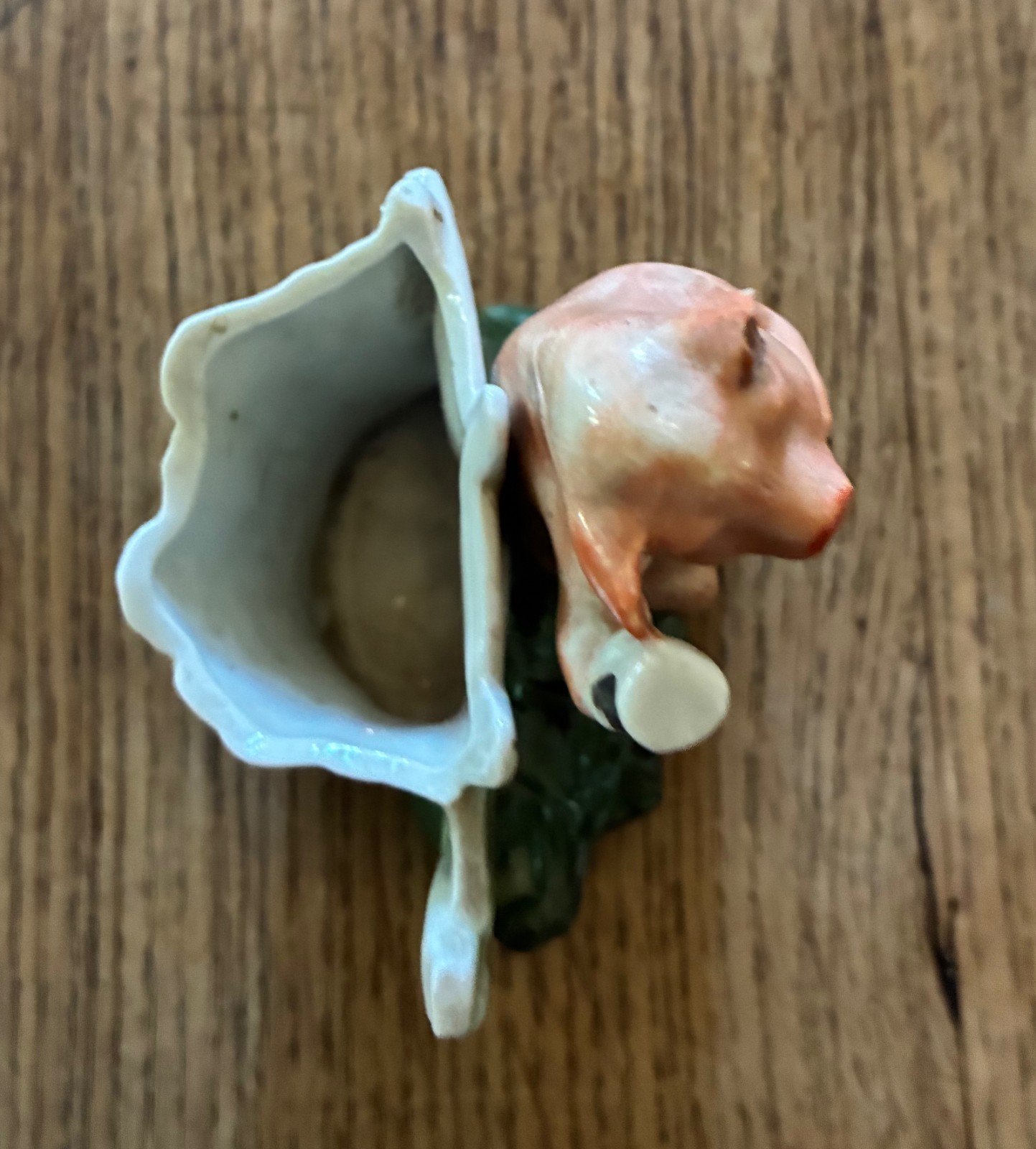 Antique German Fairing Pig Figurine Drunk Pig w/ Cup & Pipe Leaning on Fence