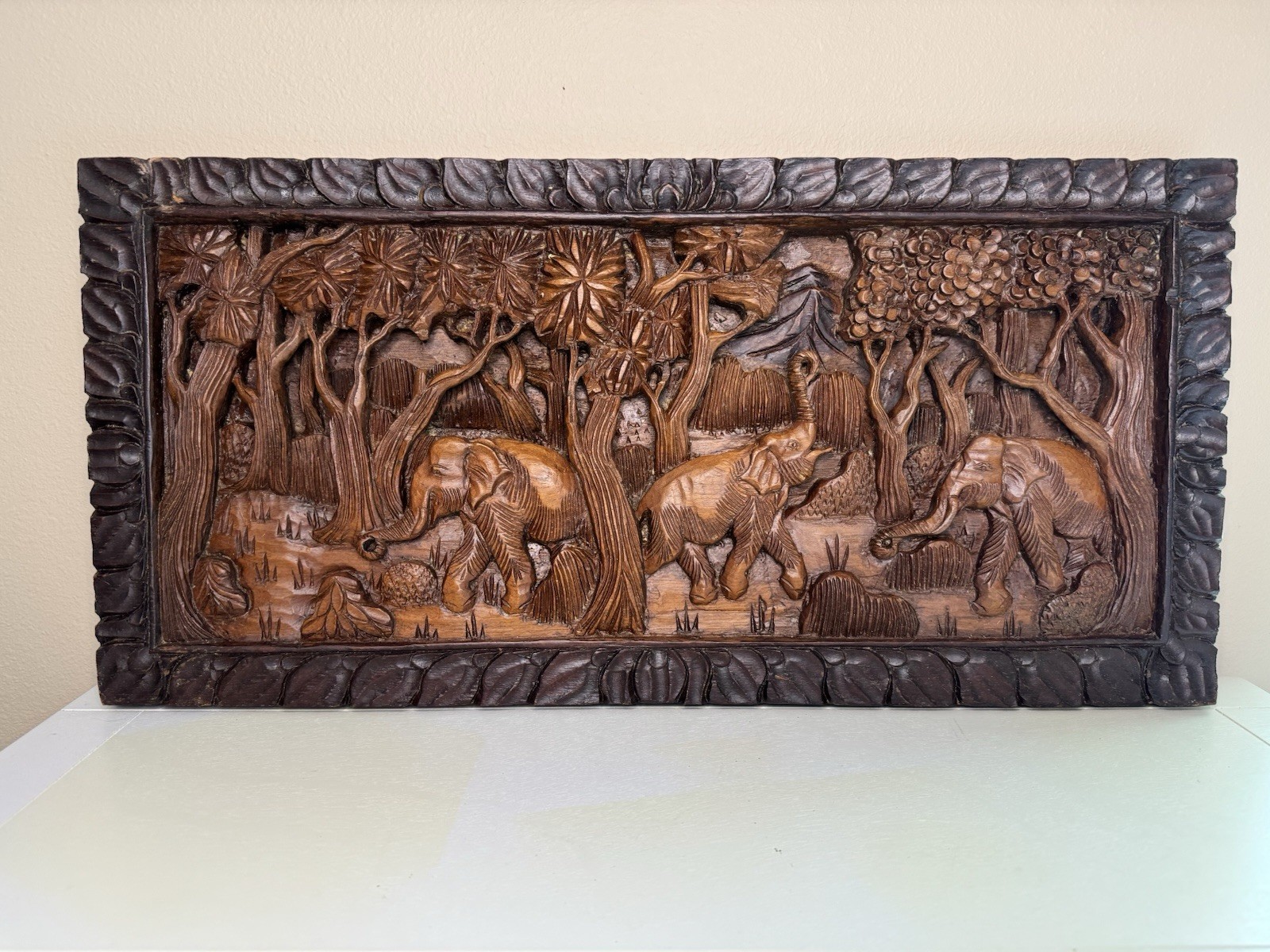 Vintage Thailand Elephants Scene Hand Carved Teak Wood Wall Hanging Art
