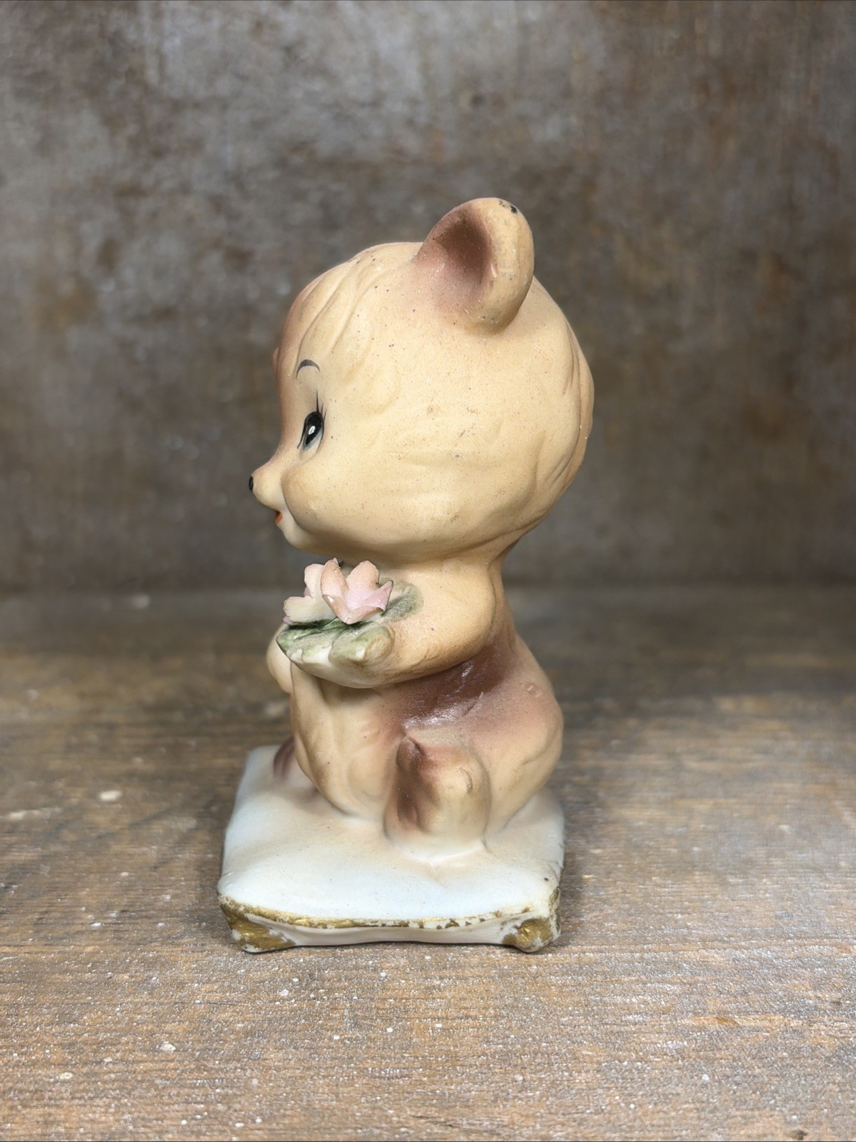 Vintage Anthropomorphic Bear with Flowers On Pillow Porcelain Figurine HBB