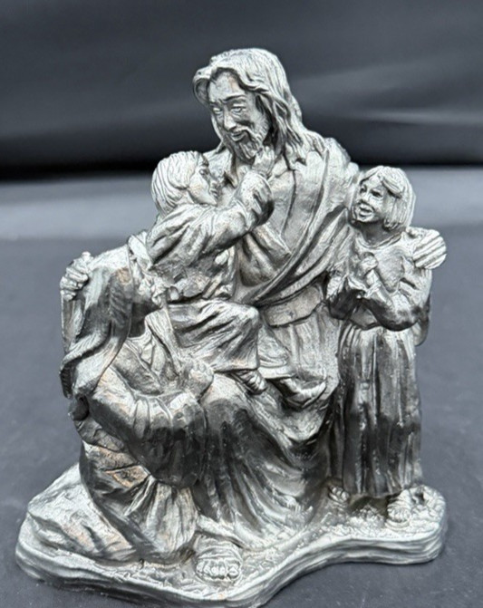 Vintage Michael Ricker Pewter Jesus Talking to Children Sculpture Figurine 1999